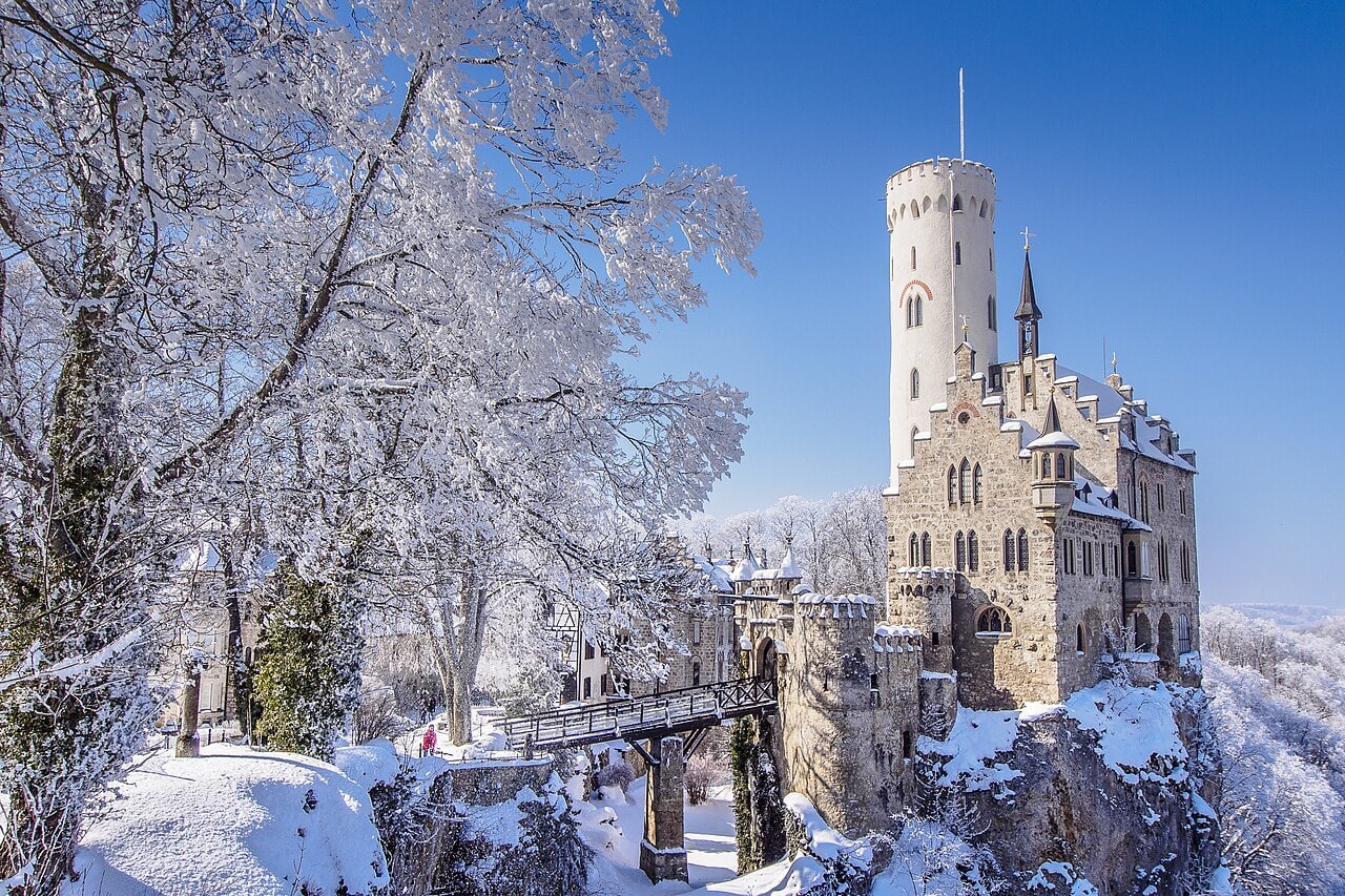 Lichtenstein Castle 4 Lichtenstein Castle in winter, showing the iron bridge, gate and main tower
