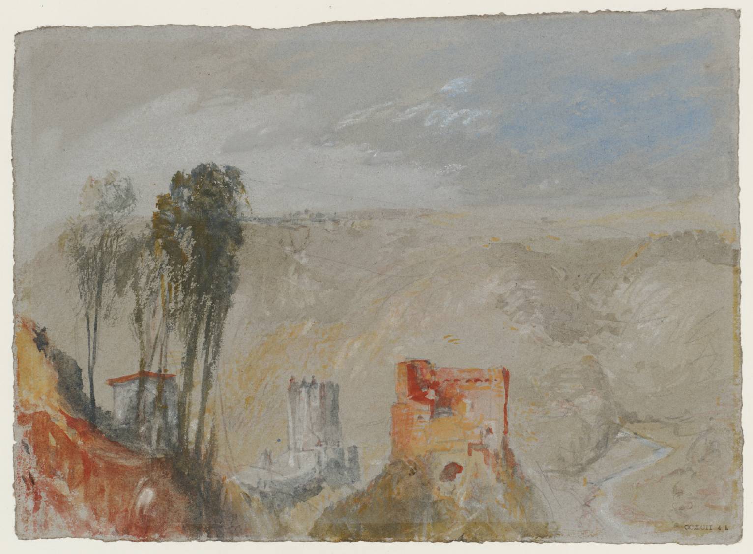 Eltz Castle 5 J. M. W. Turner, watercolour and bodycolour, c. 1840, showing the warm-toned Trutzeltz ruin in the foreground and Burg Eltz faintly multi-towered in the hazy distance beyond