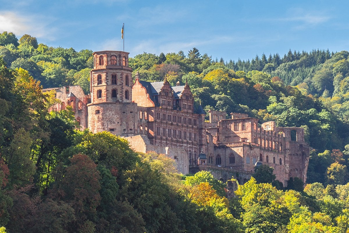 Heidelberg Castle 8 The Alte Brücke spanning the Neckar River with Heidelberg Castle on the forested hillside above