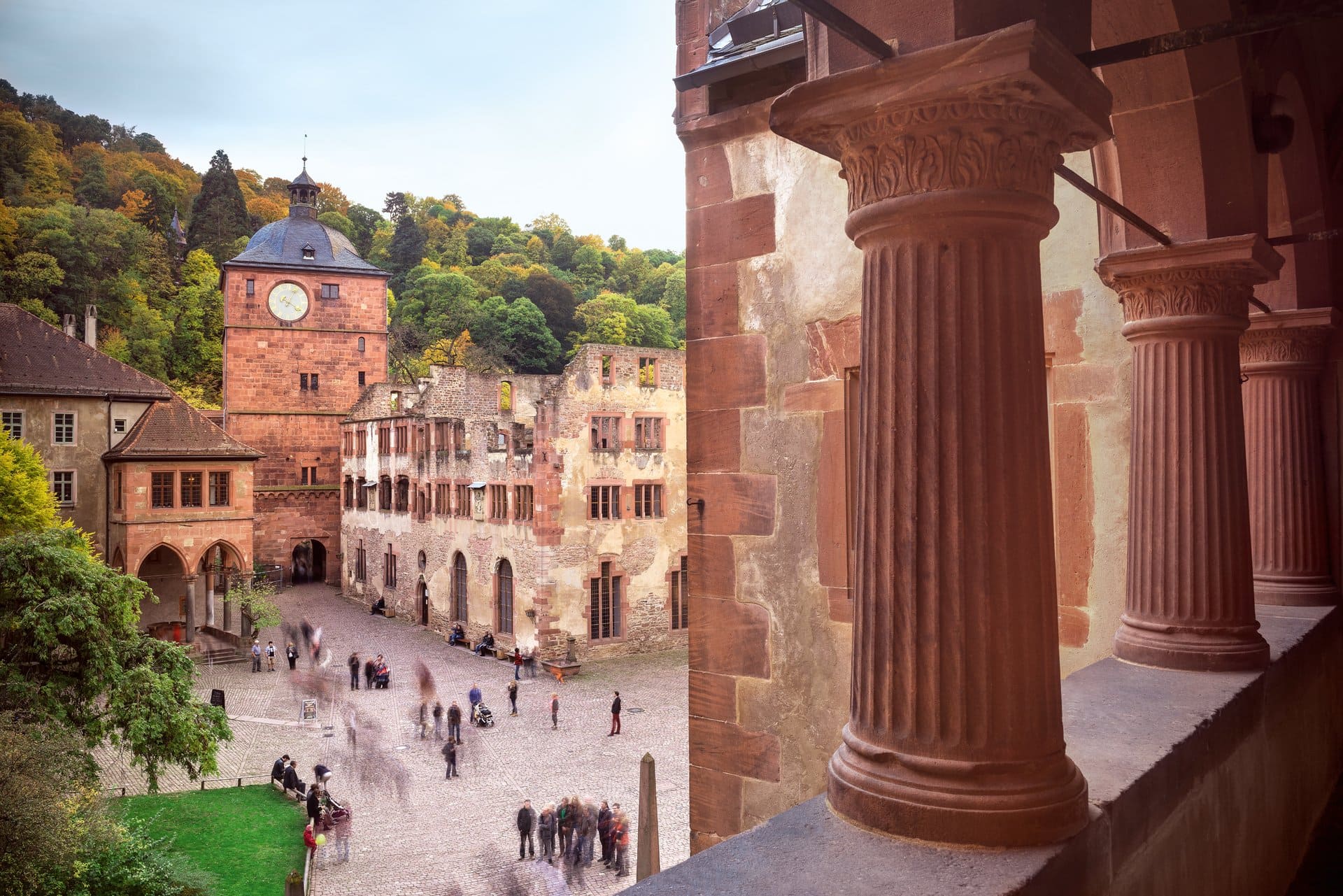 Heidelberg Castle 2 Courtyard of Heidelberg Castle with the gate tower, fountain house, and Ruprechtsbau in warm light