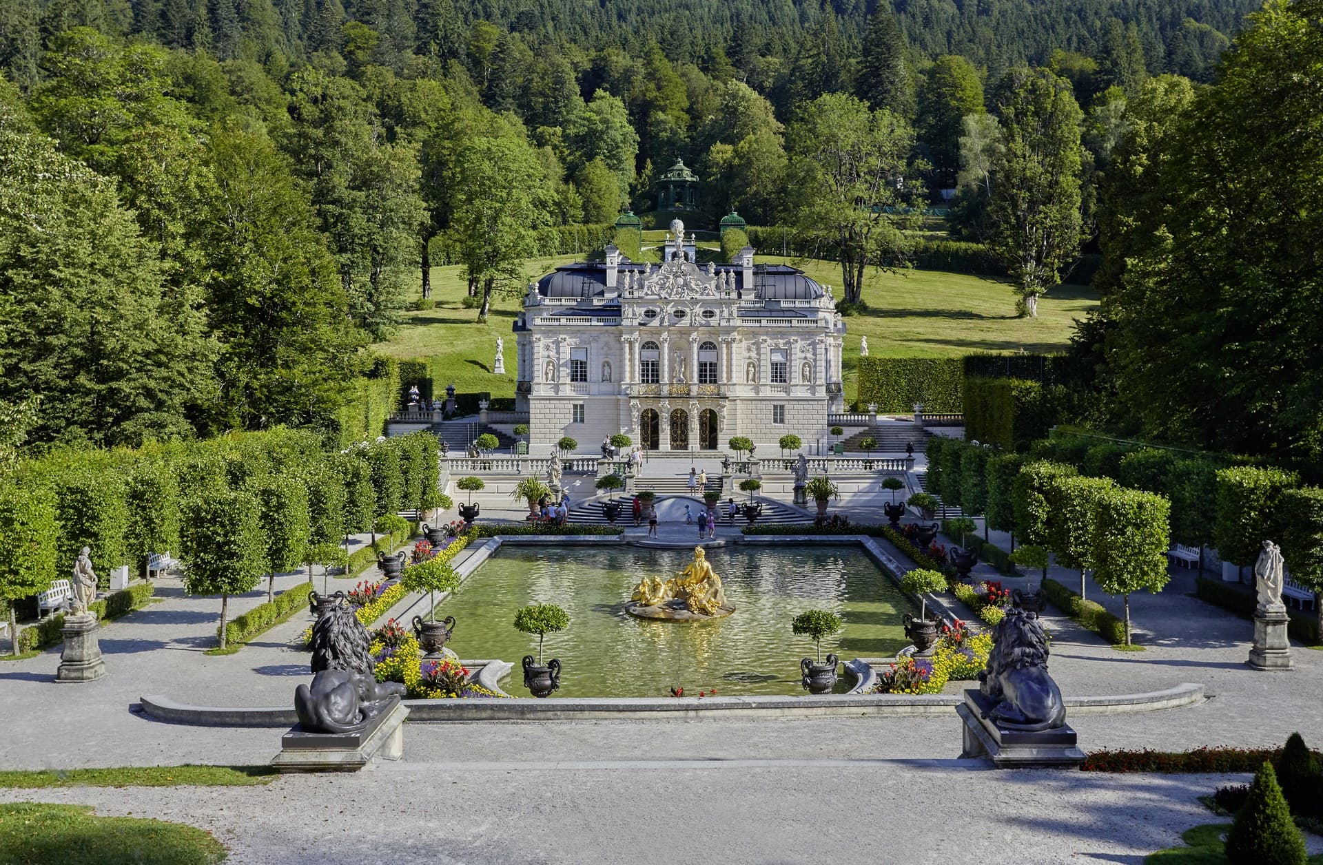 Ludwig II and the Architecture of Dreams 4 South facade of Linderhof Palace with the gilt Flora fountain in the water parterre