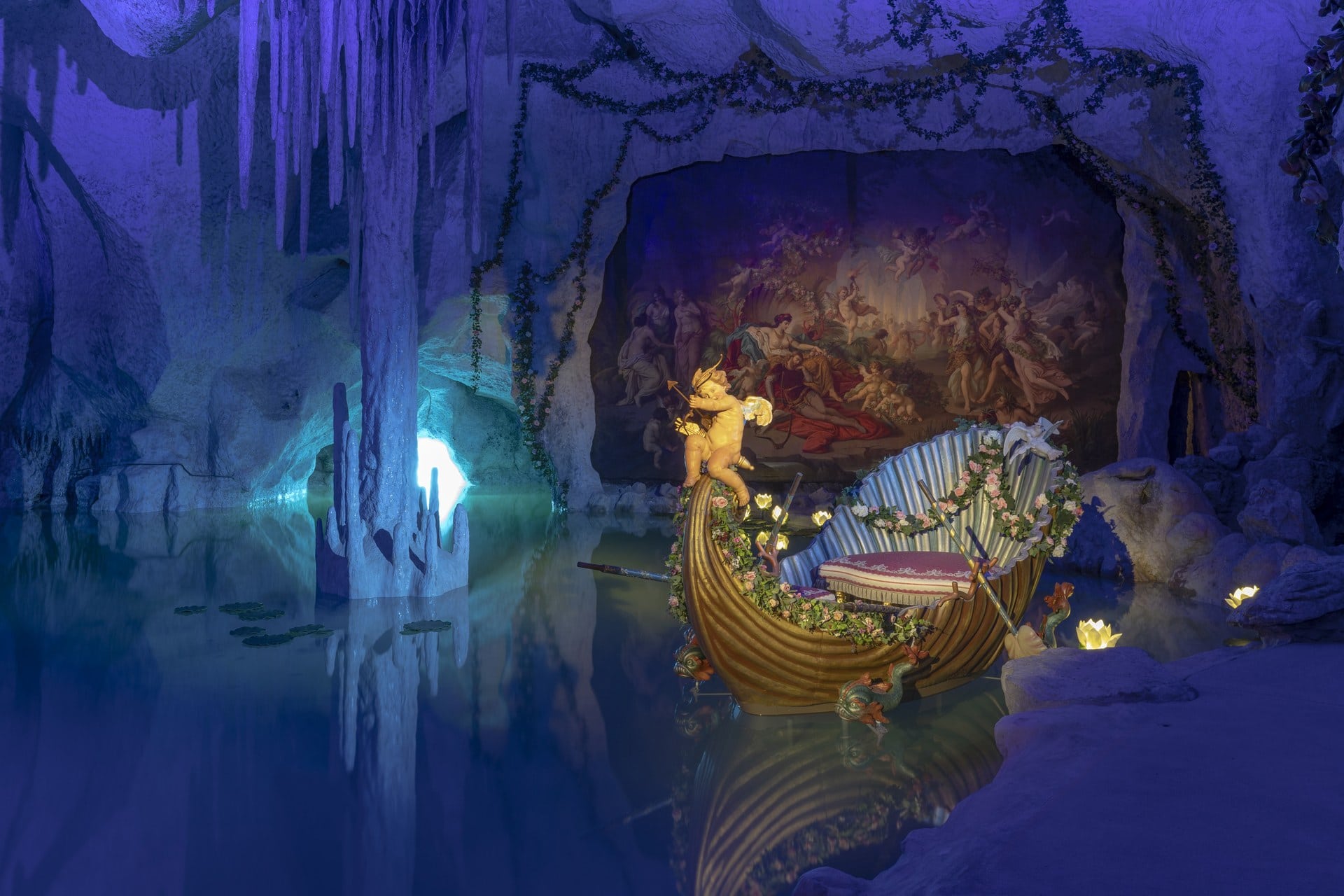 The Castles of King Ludwig II 6 The artificial Venus Grotto in Linderhof Palace Park, with gilded shell boat and painted Tannhäuser backdrop by August von Heckel