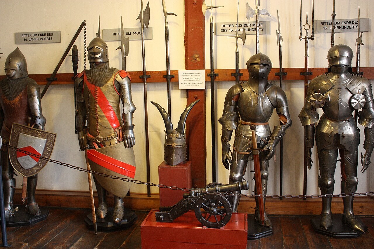 Marksburg Castle 5 The Gimbel Collection armor display at Marksburg Castle, showing knights from the 14th to 16th centuries