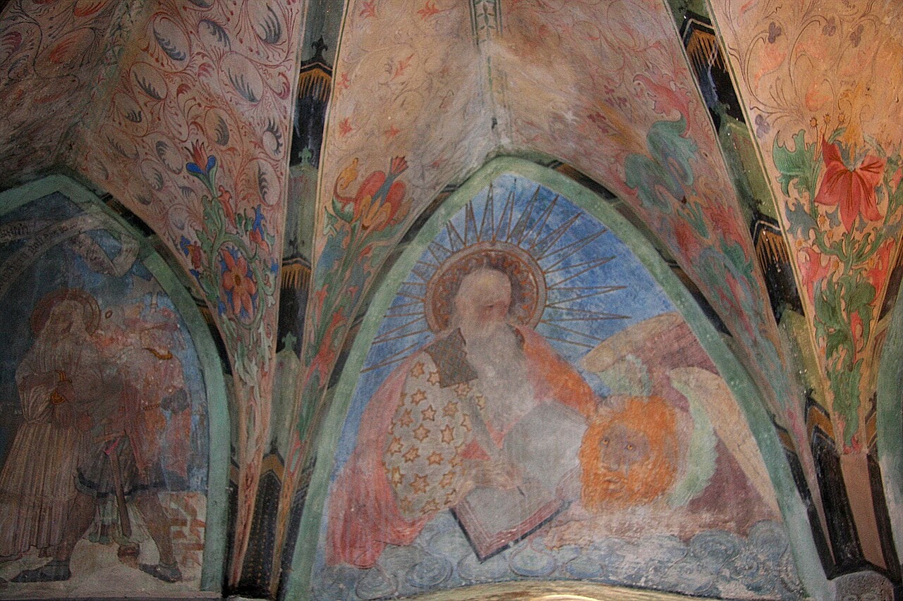 Marksburg Castle 7 Gothic chapel fresco of Saint Mark with lion at Marksburg Castle