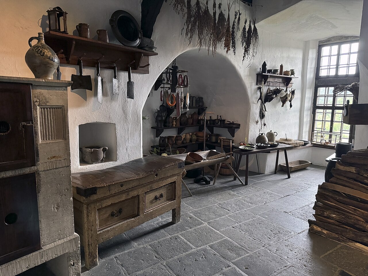 Castles of the Rhine Gorge 4 The medieval kitchen of Marksburg Castle with dried herbs, cooking equipment and stone hearth