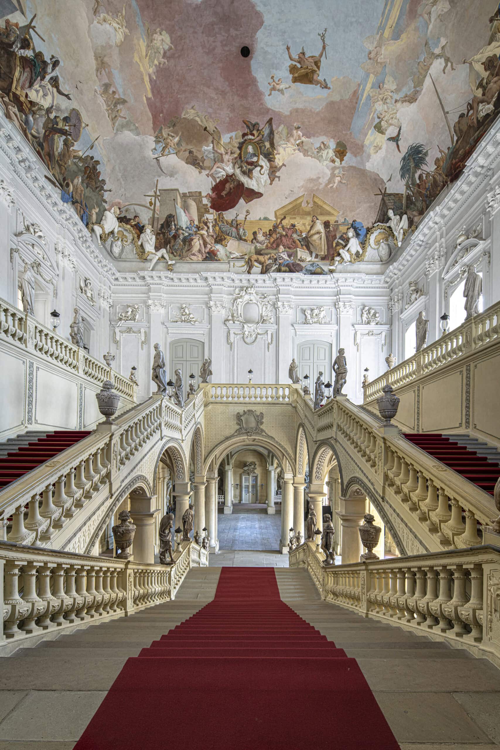 Best Castles in Bavaria 9 Looking up the Treppenhaus of the Würzburg Residence to Tiepolo's Apollo and the Four Continents fresco on the unsupported flat trough vault.