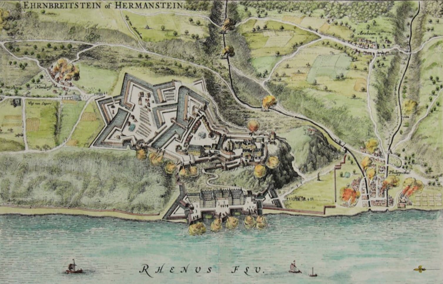 Ehrenbreitstein Fortress 2 Bird's-eye plan of Ehrenbreitstein fortress and Schloss Philippsburg by Matthäus Merian, 1639.