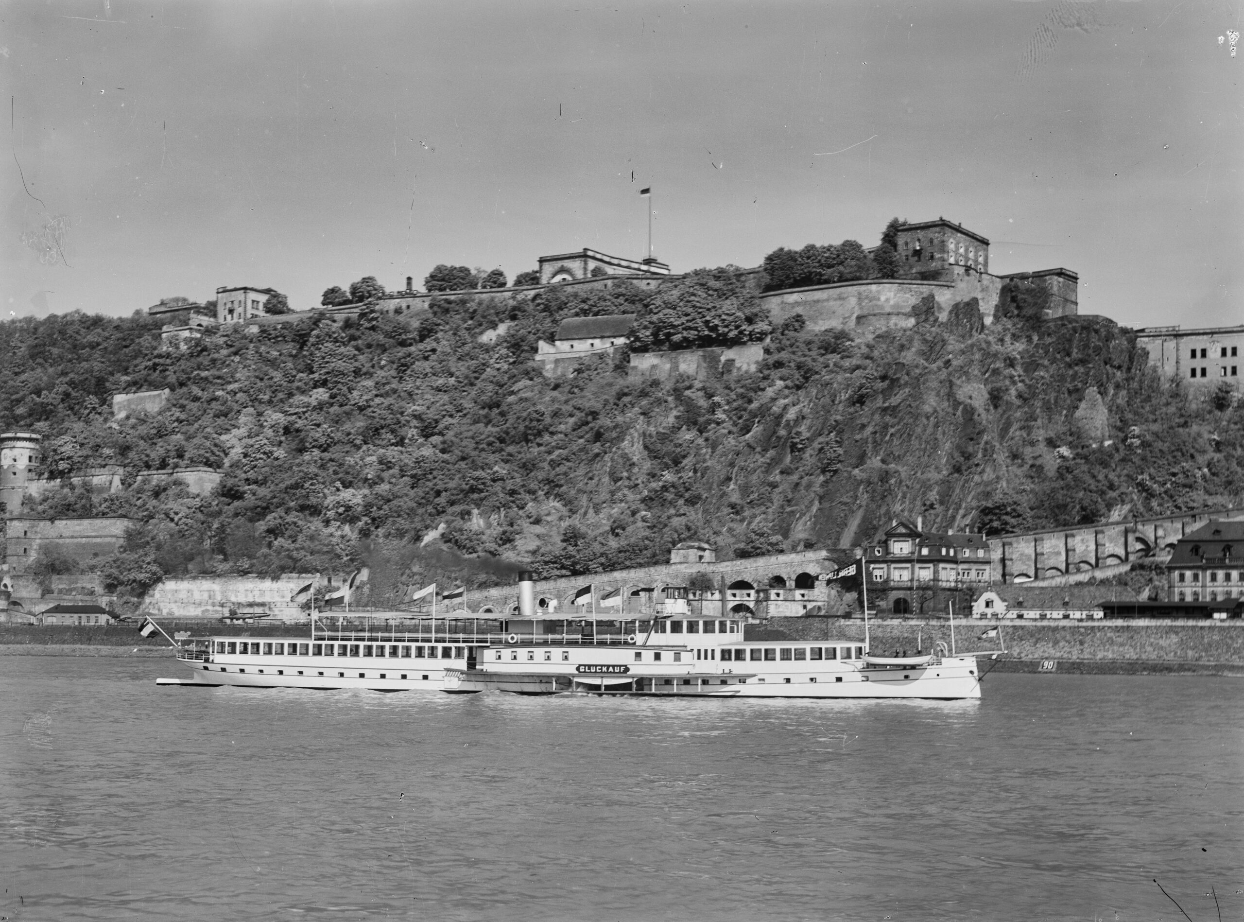 Ehrenbreitstein Fortress 5 Festung Ehrenbreitstein photographed in the early twentieth century, with the Rhine paddle steamer Glückauf in the foreground.