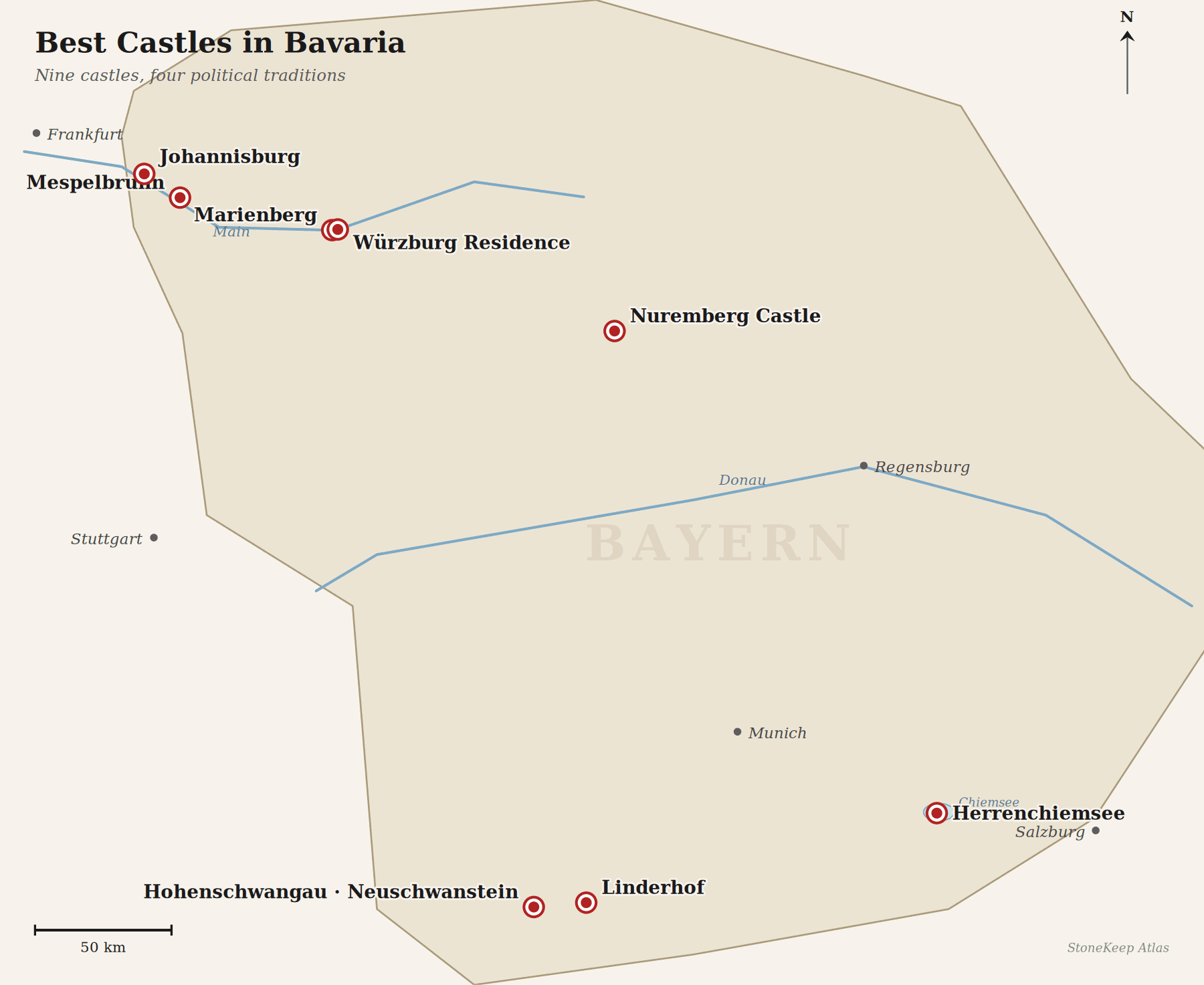 Best Castles in Bavaria 2 Map of Bavaria showing all nine castles in this guide: Mespelbrunn and Johannisburg in the Spessart and on the Untermain in the northwest; Marienberg and the Würzburg Residence in Würzburg; Nuremberg Castle in Middle Franconia; Hohenschwangau, Neuschwanstein, and Linderhof in the Königswinkel and Ammergau Alps in the south; and Herrenchiemsee on Lake Chiemsee in the southeast — with Munich, Stuttgart, Frankfurt, Regensburg, and Salzburg shown for orientation, the Main and Danube rivers traced, and the simplified outline of the modern Bavarian state.