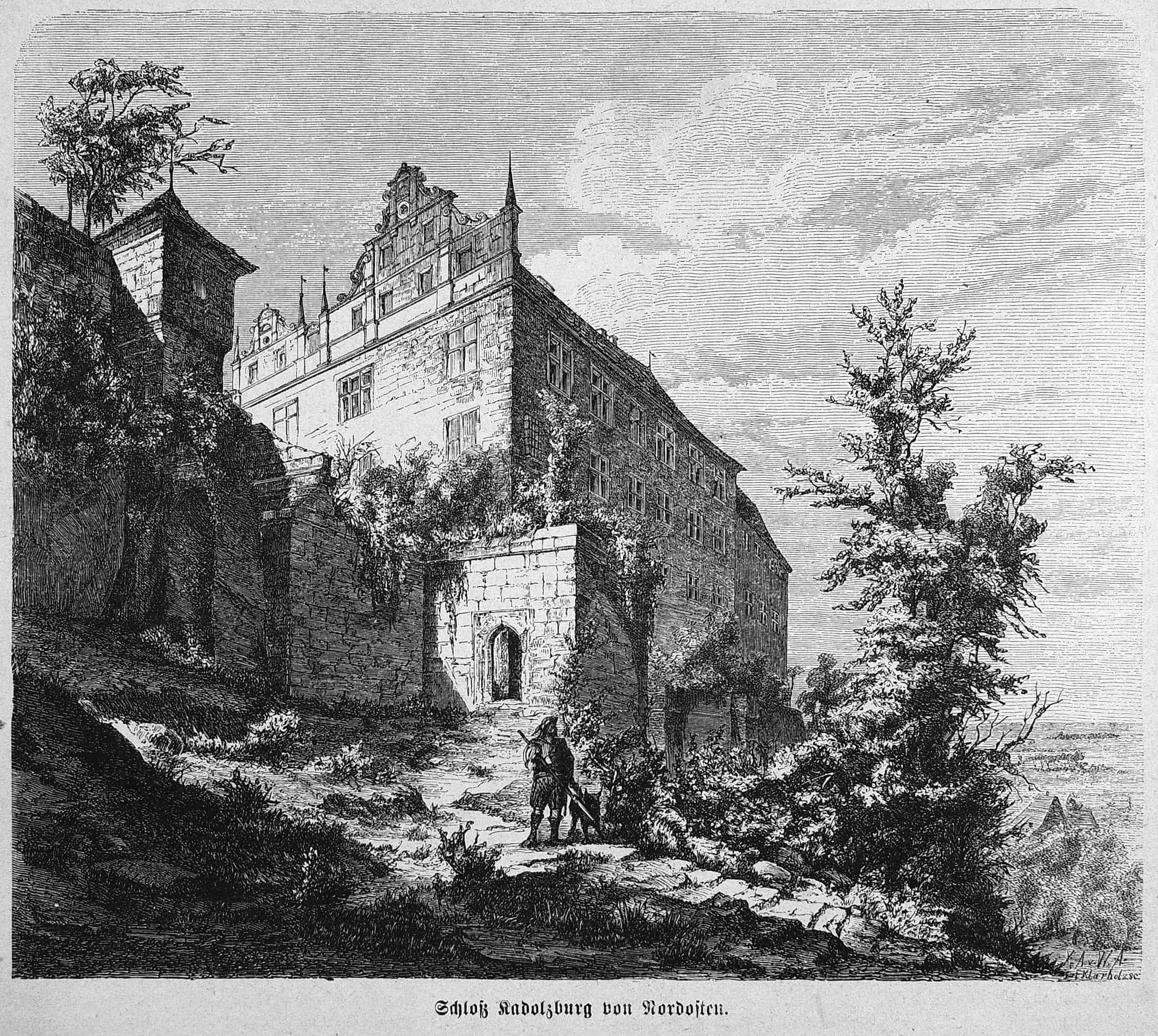 Cadolzburg Castle 4 1871 wood engraving showing Cadolzburg Castle from the north-east with a hunter and dog in the foreground