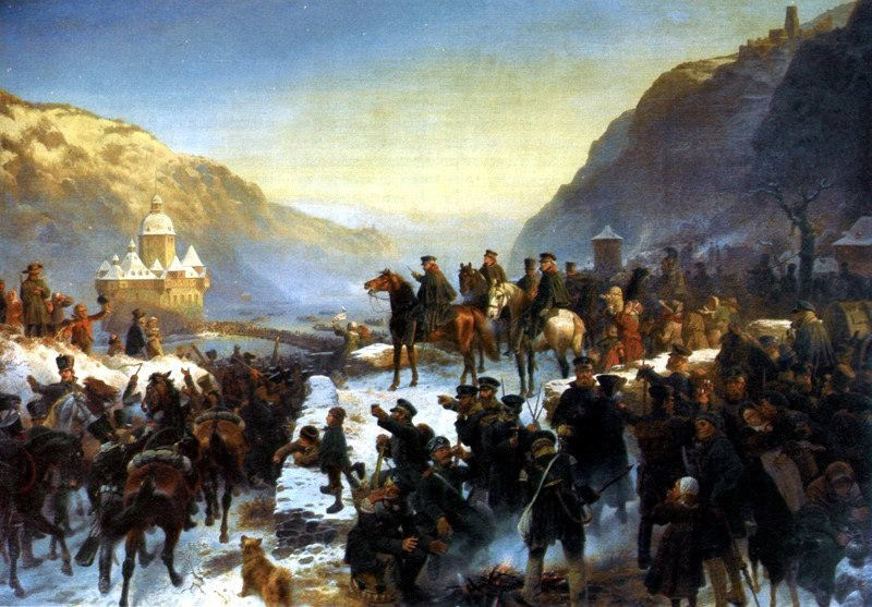 Gutenfels Castle 2 Wilhelm Camphausen's 1860 painting of Bluecher's Rhine crossing at Kaub, with Pfalzgrafenstein and the pontoon bridge