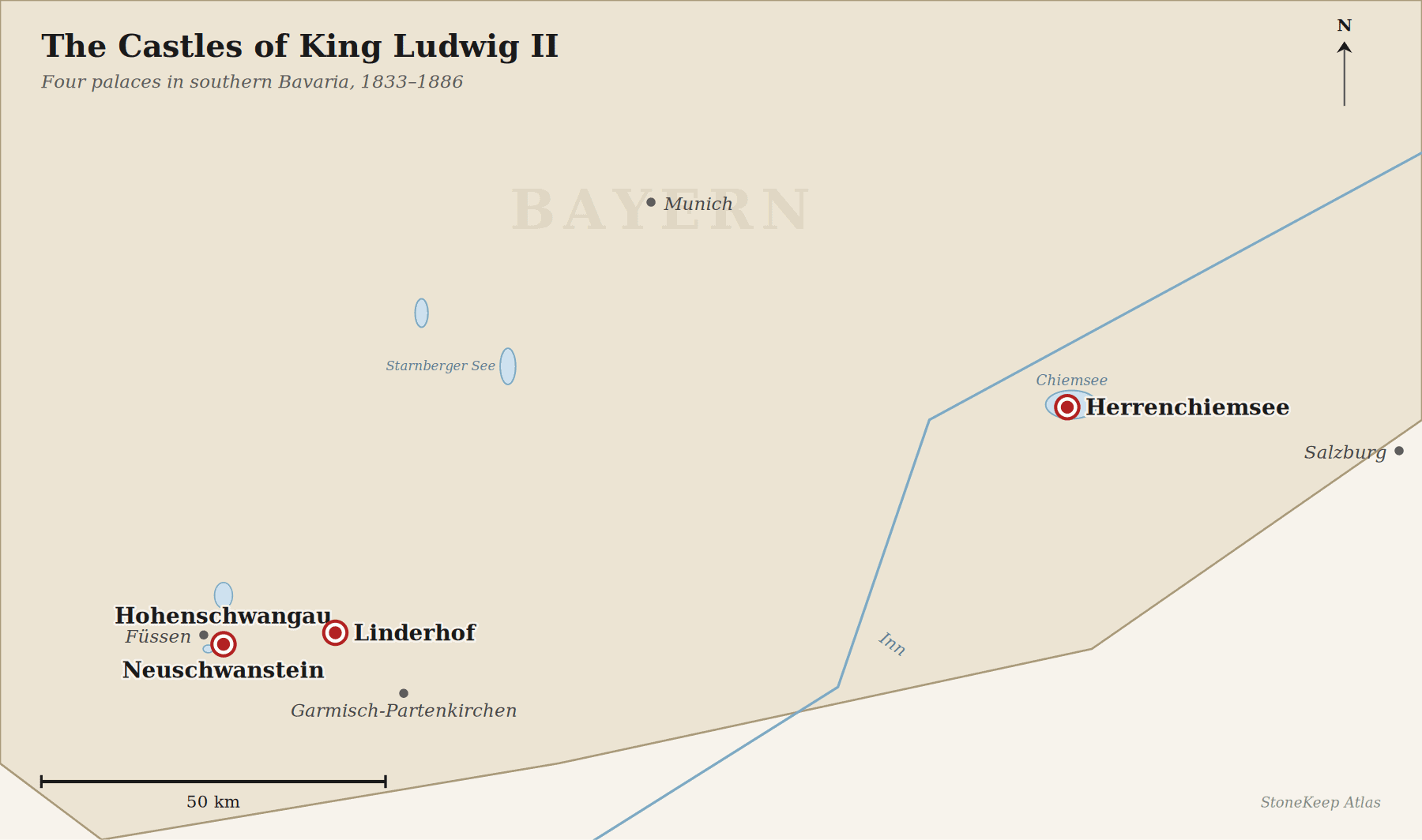 The Castles of King Ludwig II 3 Map of southern Bavaria showing the four castles in this guide: Hohenschwangau and Neuschwanstein together at Schwangau in the Allgäu, Linderhof in the Graswang Valley a short distance east, and Herrenchiemsee on its island in the Chiemsee, with Munich, Füssen, Garmisch-Partenkirchen, and Salzburg shown for orientation, the Inn river traced, and the lakes Starnberger See, Ammersee, and Forggensee marked.