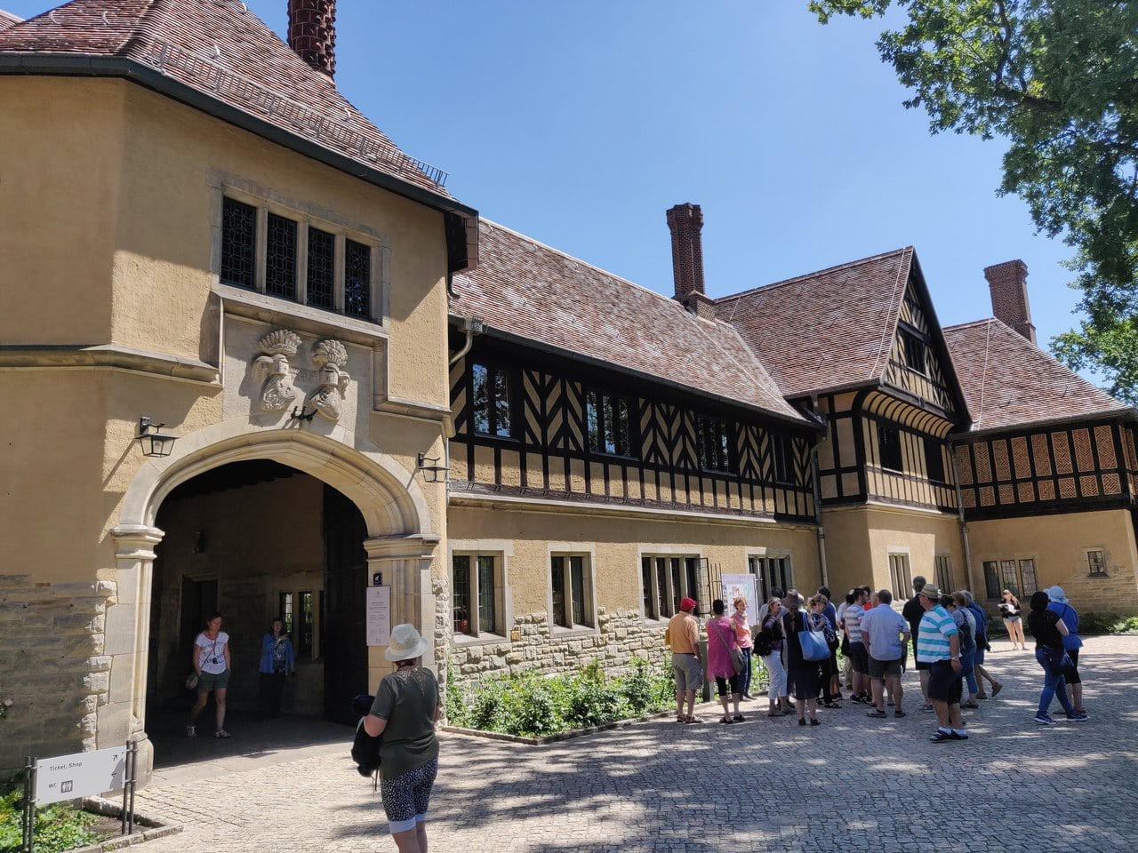 Cecilienhof Palace 2 Front entrance range of Cecilienhof Palace with its tall patterned brick chimneys and gatehouse