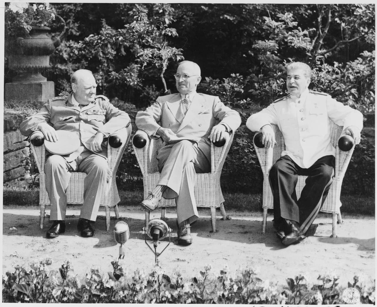Cecilienhof Palace 5 Winston Churchill, Harry Truman and Joseph Stalin seated in the garden at Cecilienhof during the 1945 Potsdam Conference