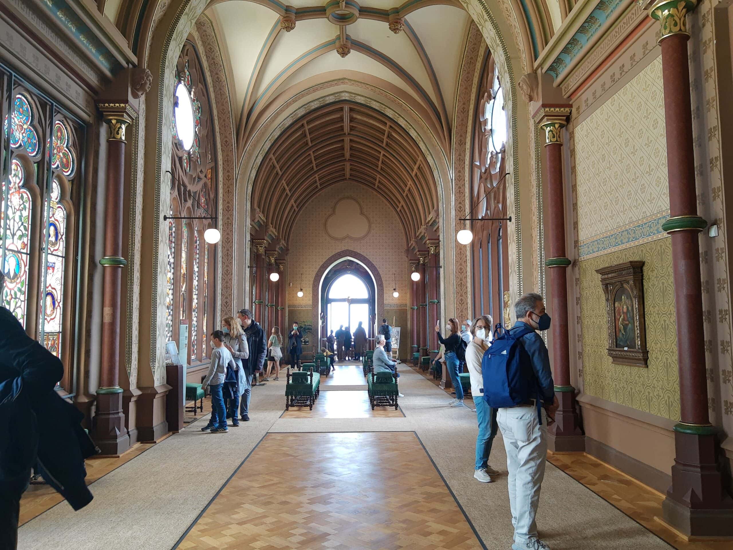 Drachenburg Castle 4 Interior view of the Kunsthalle at Schloss Drachenburg showing the reconstructed dome and the long arcaded gallery space with stained-glass windows on both sides
