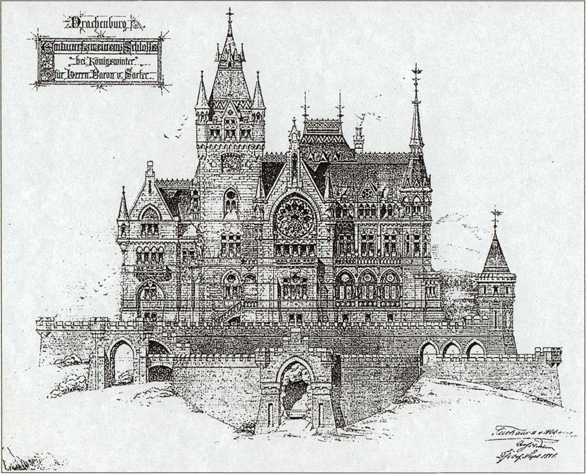 Drachenburg Castle 3 Black-and-white architectural elevation drawing dated September 1881 by Tüshaus and von Abbema showing the planned Schloss Drachenburg