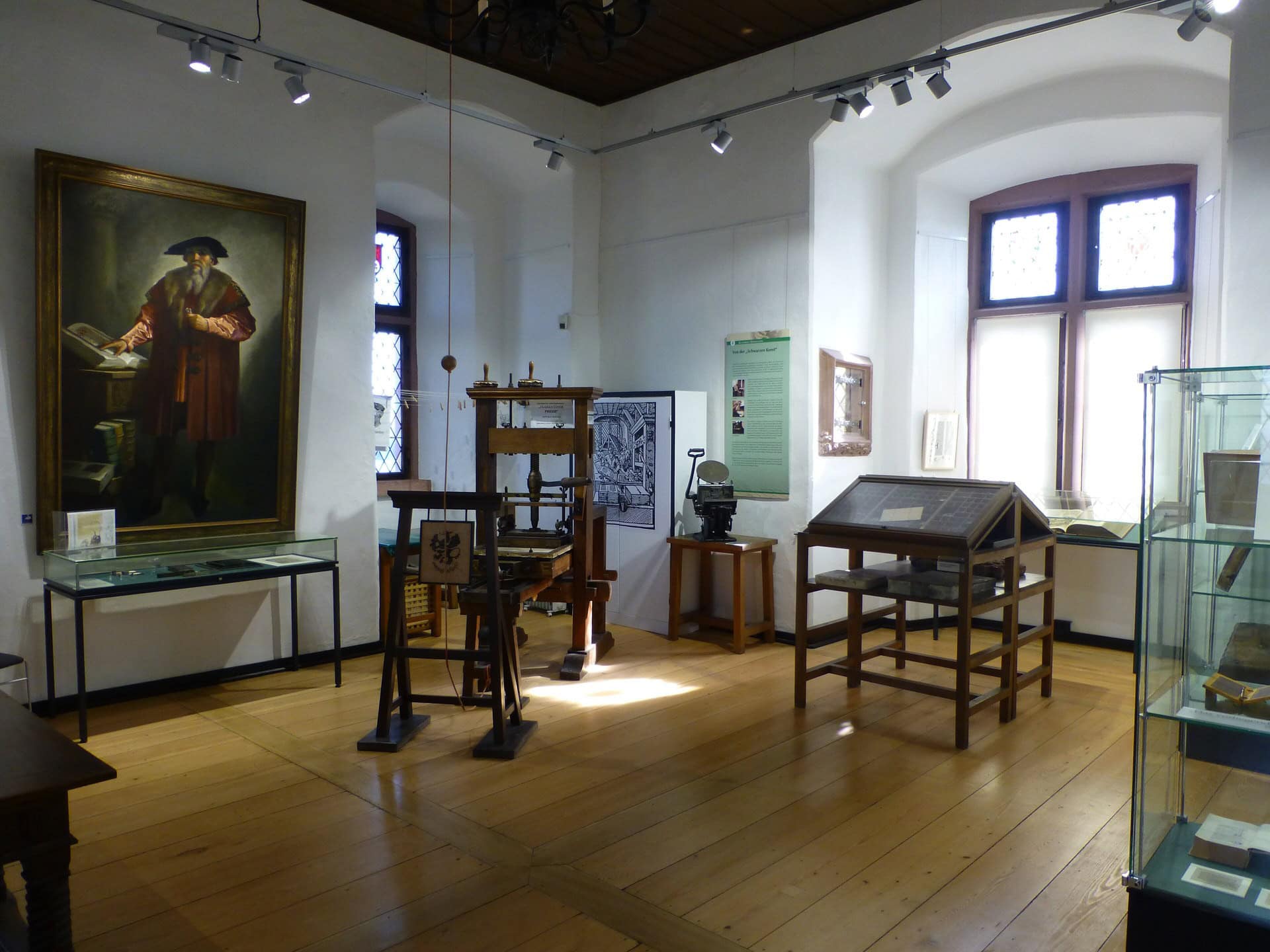 Eltville Castle 4 The Gutenberg memorial room on the second floor of Eltville Castle's keep, with a portrait of Gutenberg and a reproduction Florentine printing press.