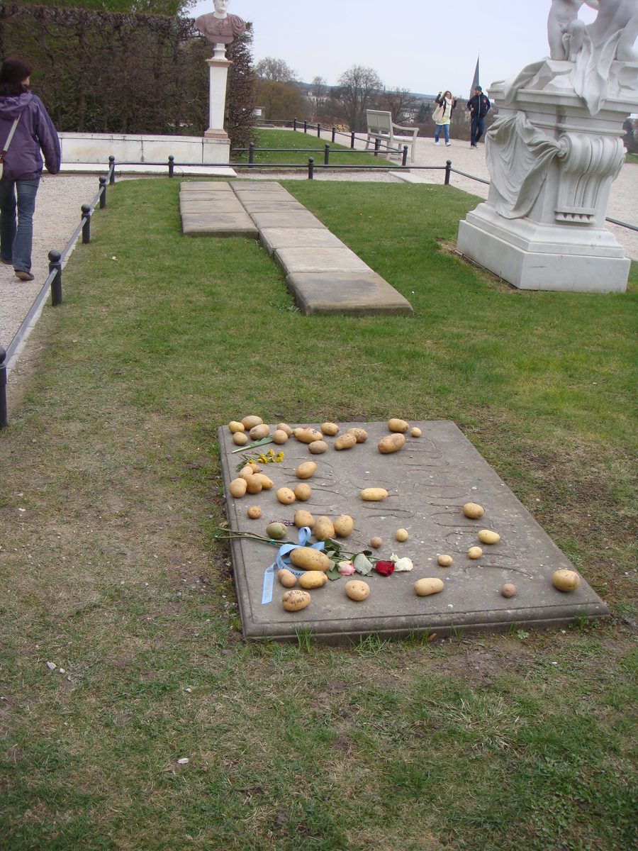 Sanssouci Palace 8 The grave of Frederick the Great on the upper terrace at Sanssouci, strewn with potatoes left by visitors