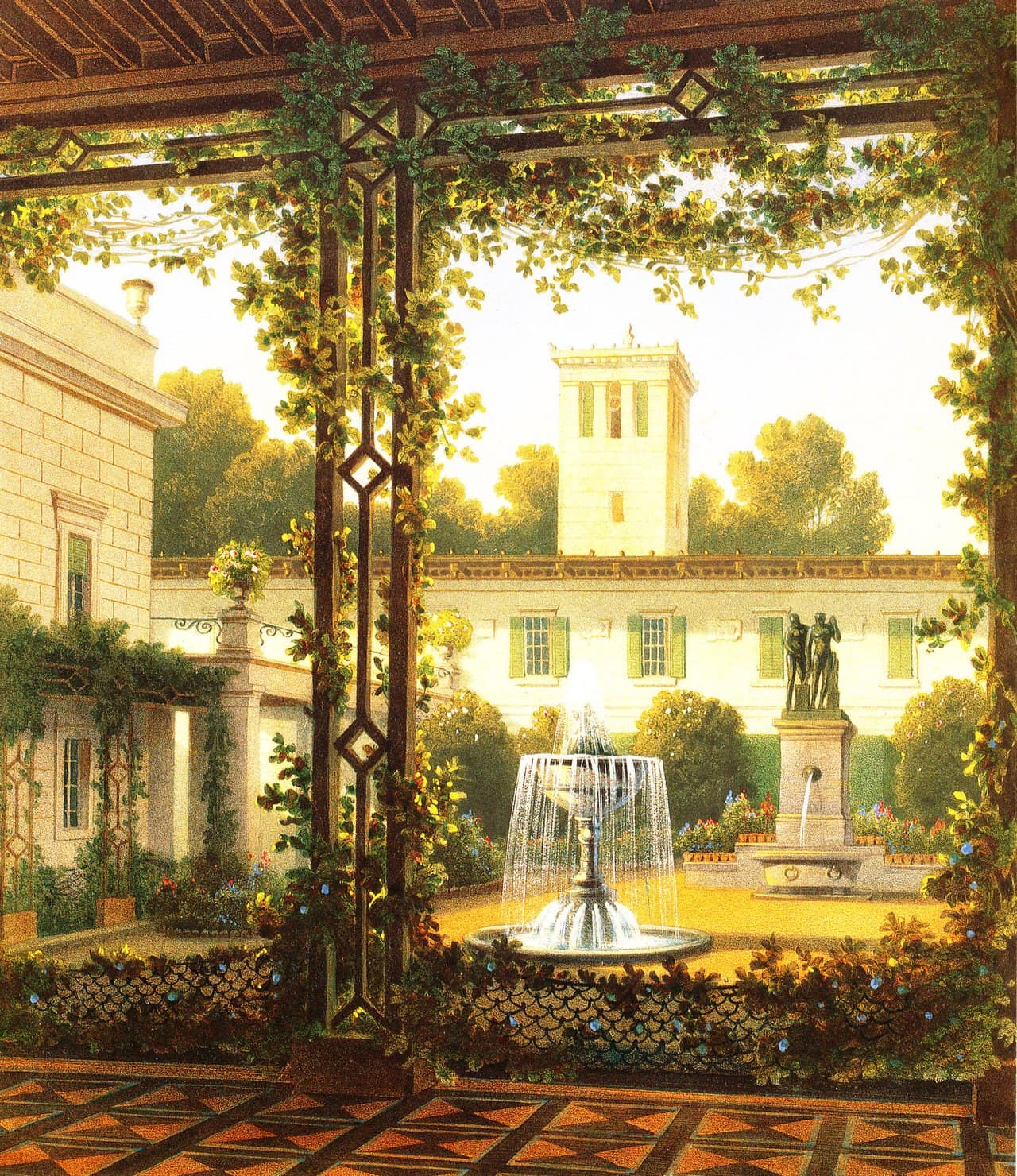 Glienicke Palace 4 An 1837 lithograph of Glienicke’s garden court with a pergola, fountain and classical statuary.