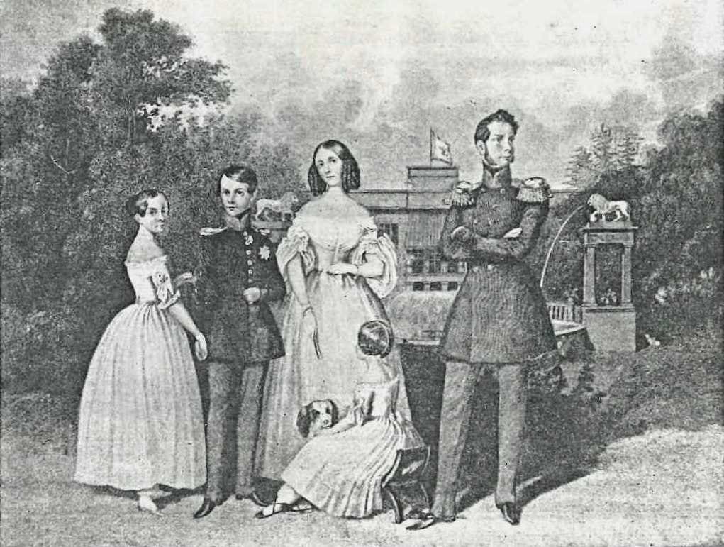 Glienicke Palace 2 A group portrait of Prince Carl of Prussia, his wife and children before Glienicke Palace, around 1845.