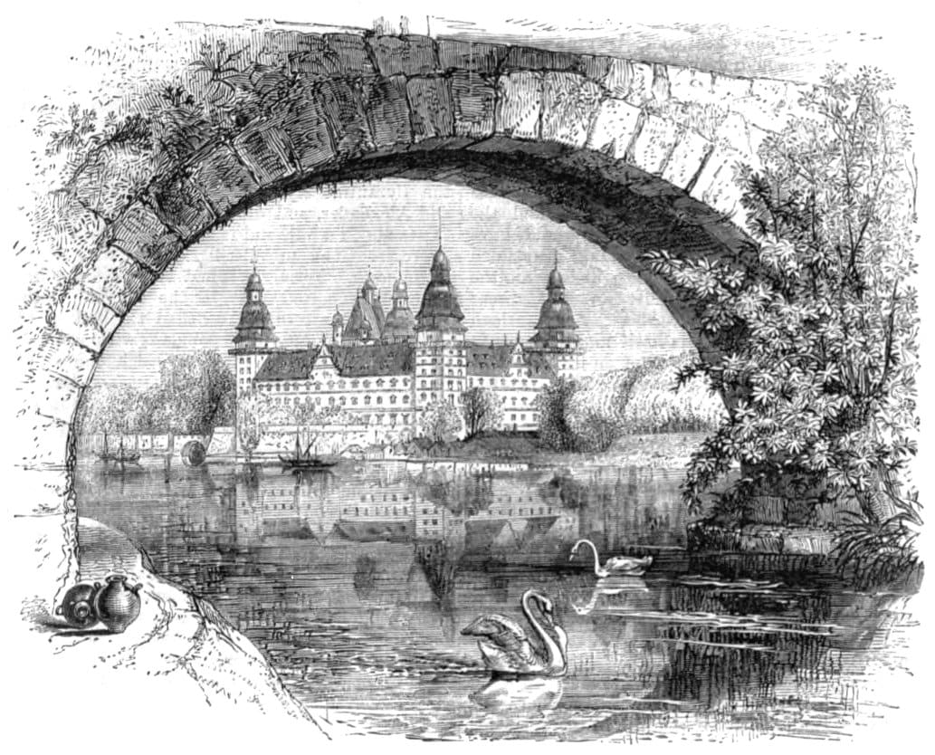 Johannisburg Palace 5 Black-and-white nineteenth-century engraving of Schloss Johannisburg framed through a stone bridge arch, with swans on the river in the foreground.