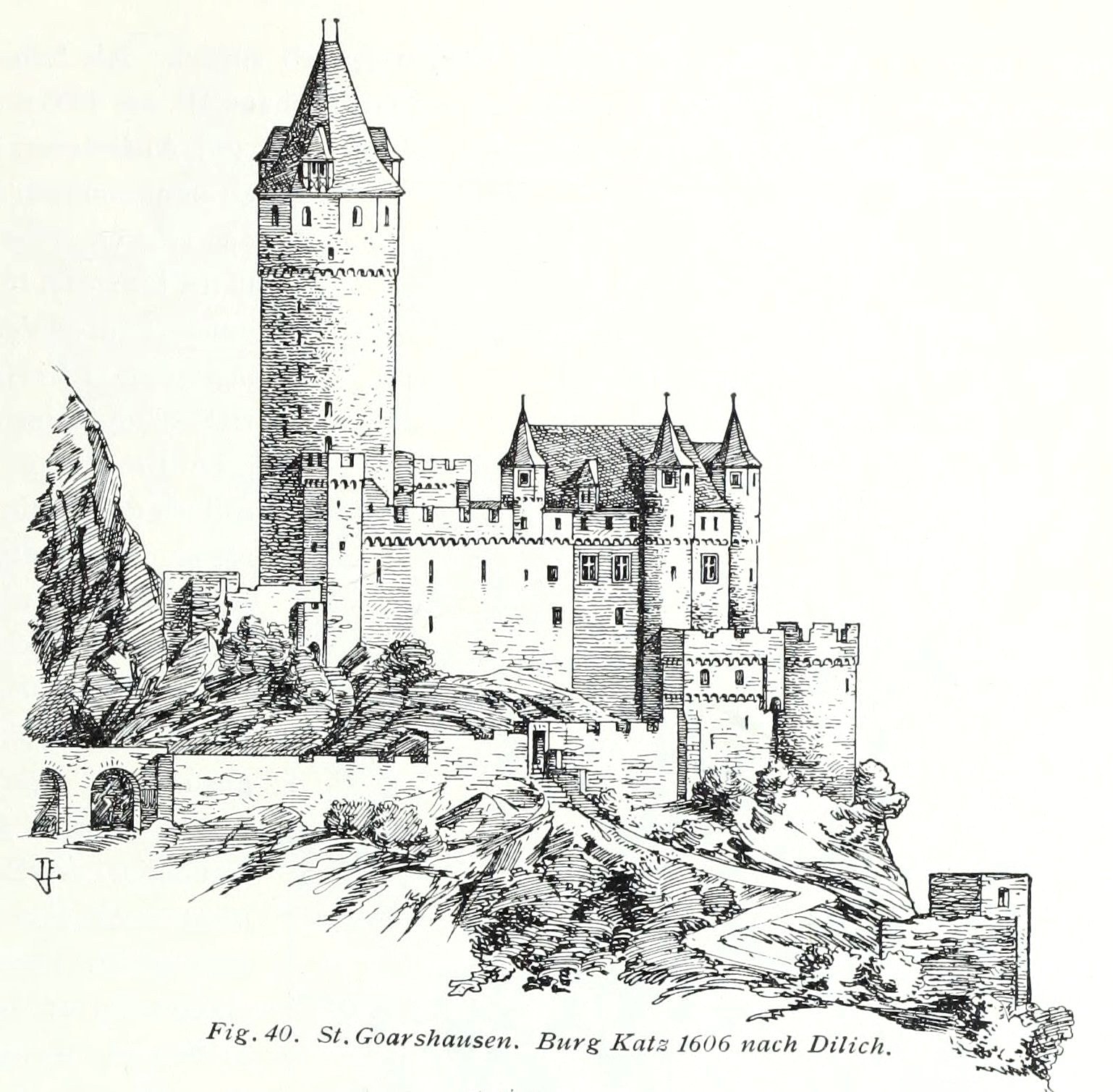 Katz Castle 4 Engraving of Katz Castle in 1606 after Wilhelm Dilich, the castle intact with its tall round keep before the French destruction of 1806
