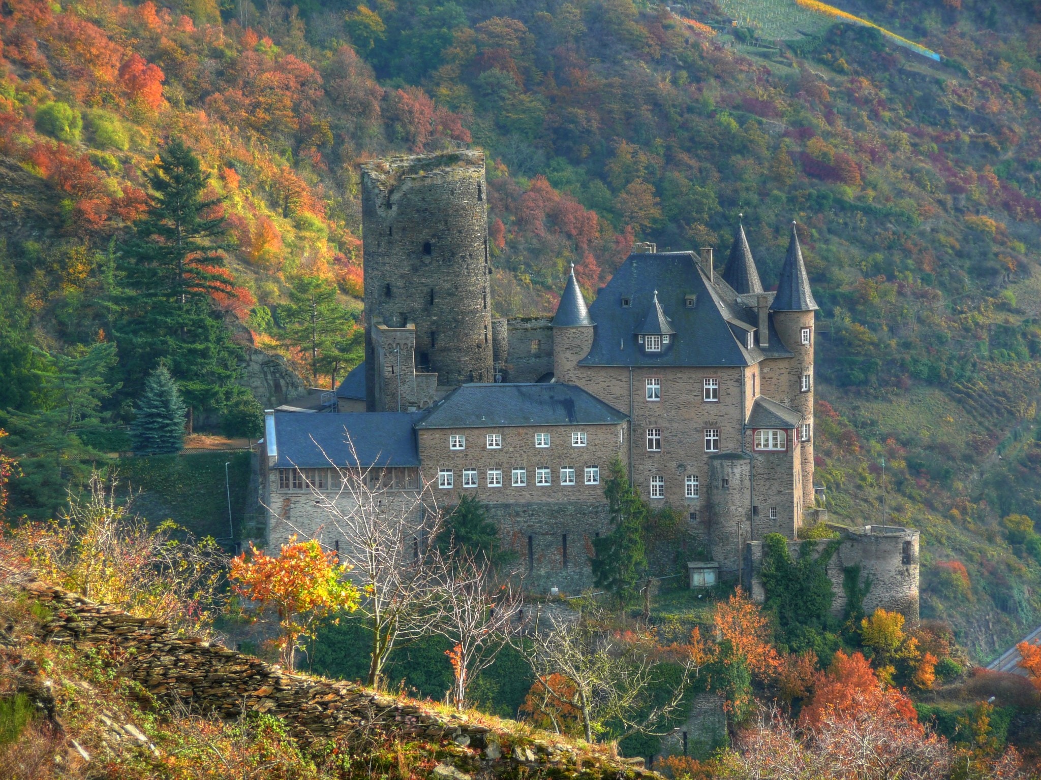 Katz Castle 2 Katz Castle above St. Goarshausen in autumn, the ruined round medieval keep rising behind the rebuilt towers