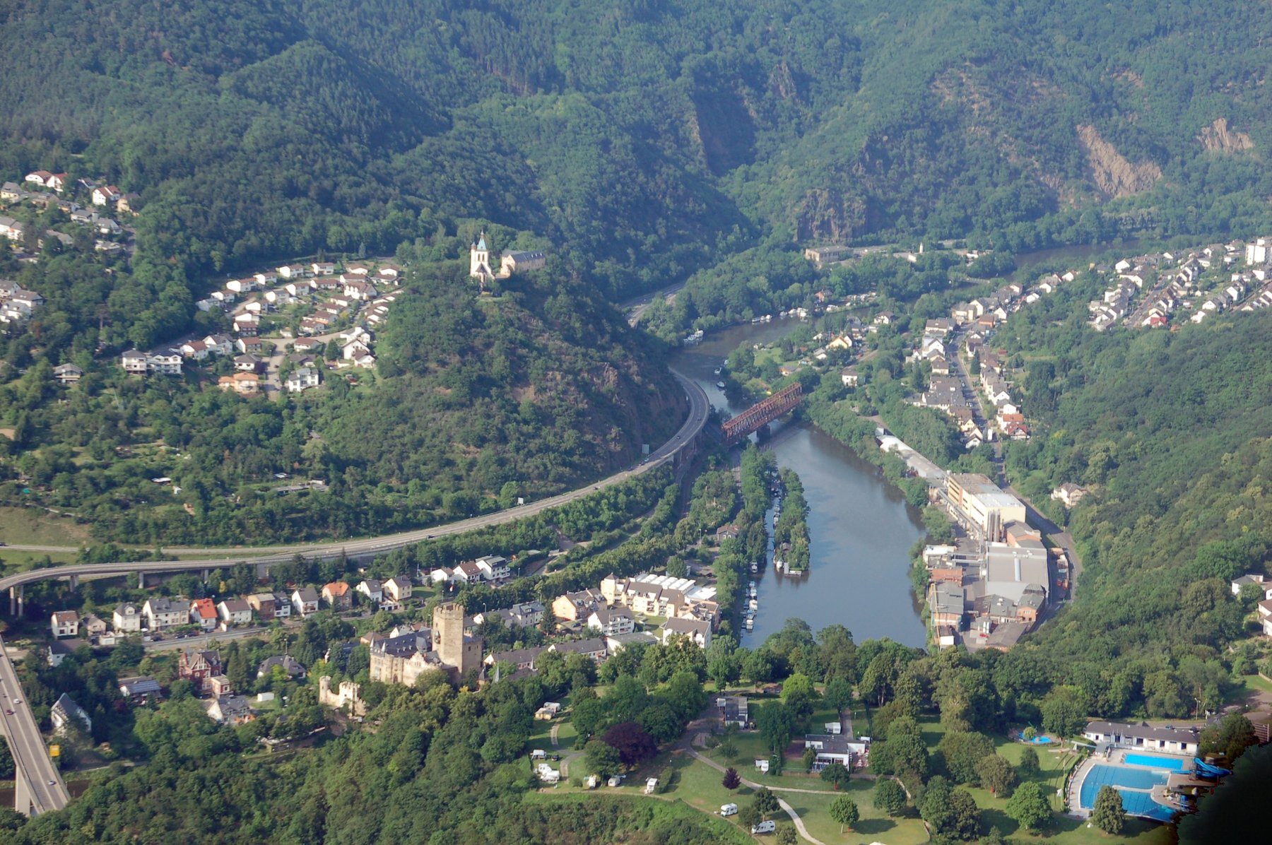 Lahneck Castle 3 Aerial view of Lahneck Castle on its spur above the Lahn-Rhine confluence at Lahnstein, with the Lahn river entering the Rhine in the background