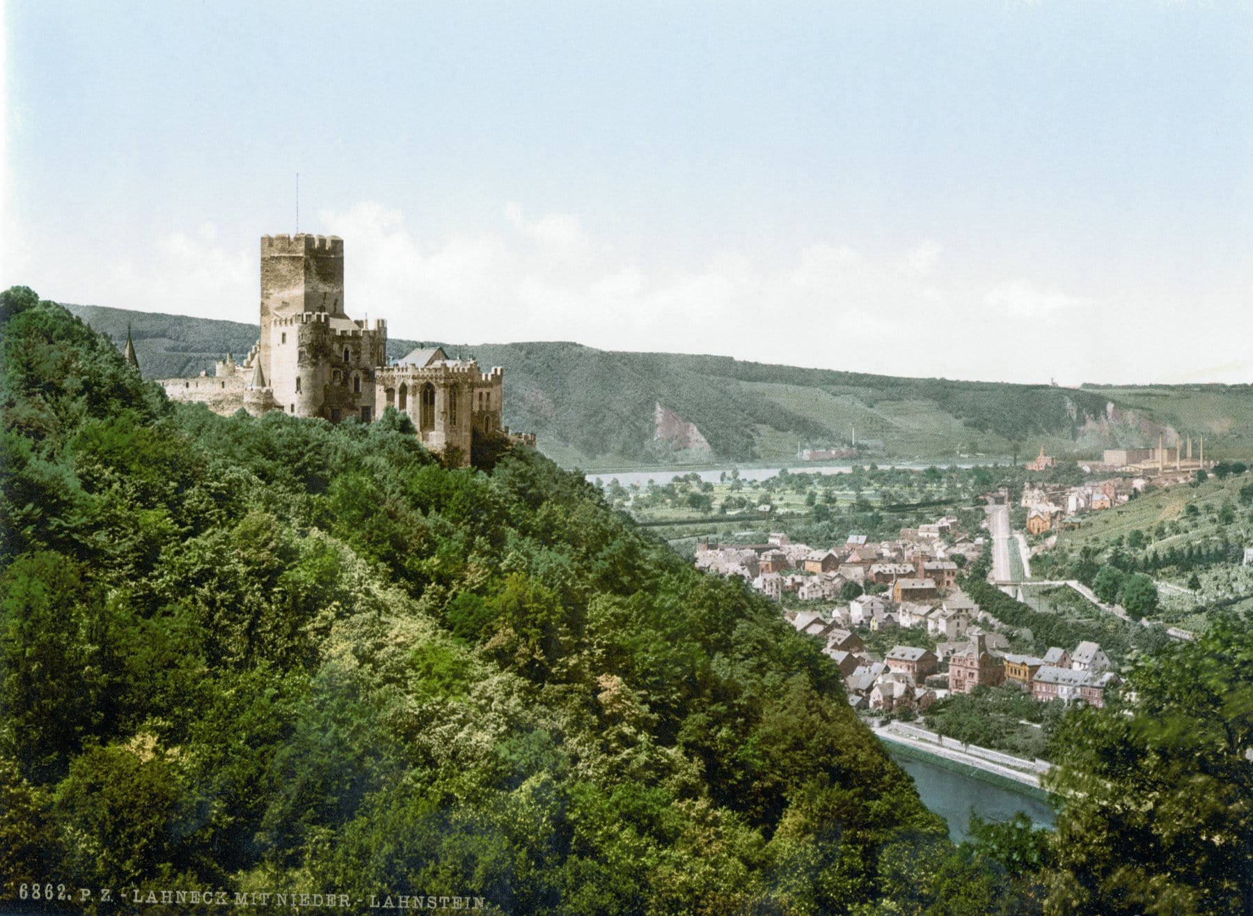 Lahneck Castle 6 Photochrom print of Lahneck Castle above Niederlahnstein, c. 1900, showing the post-Moriarty silhouette with the neo-Gothic crenellated battlement crown still visible on the pentagonal bergfried