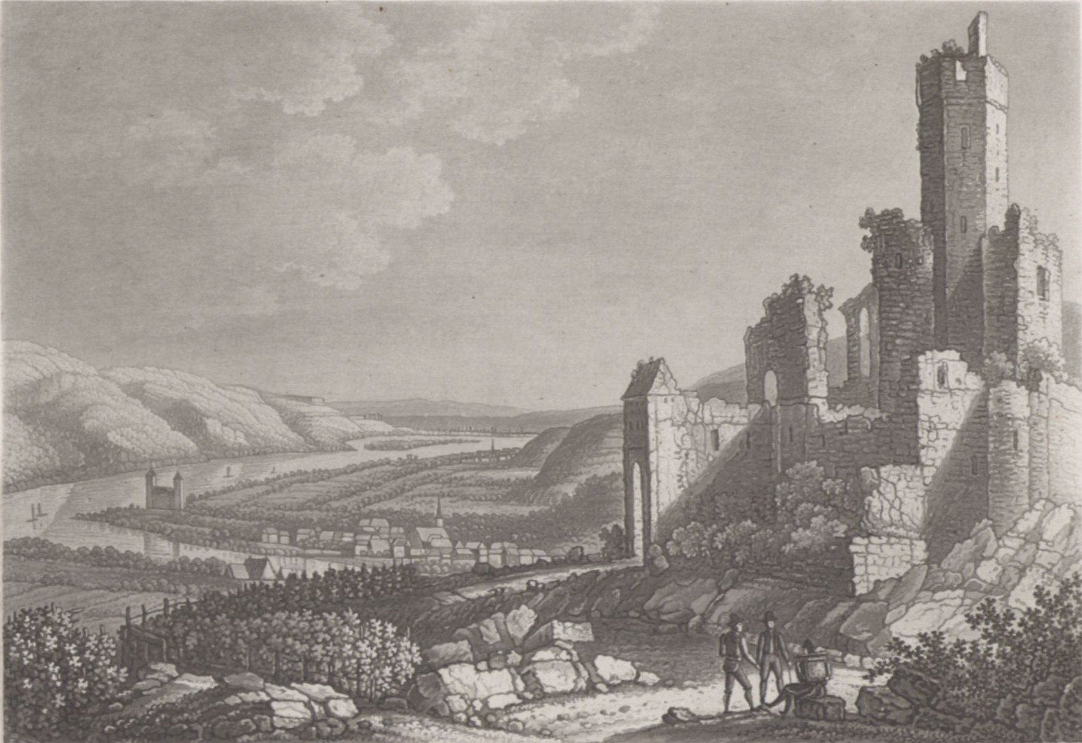 Lahneck Castle 5 Burg Lahneck as a ruin in the early 19th century, engraving by Johann Adolf von Lasinsky showing the empty bergfried and shattered palas walls above Oberlahnstein before the 1854 restoration