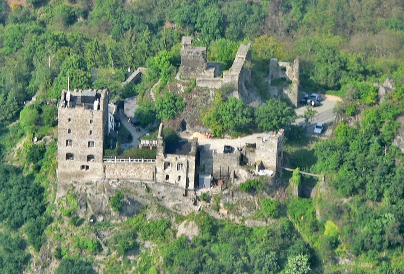 Liebenstein Castle 3 Aerial view of Liebenstein Castle in winter showing the layout of Wohnturm, Bergfried, and Schenkenturm