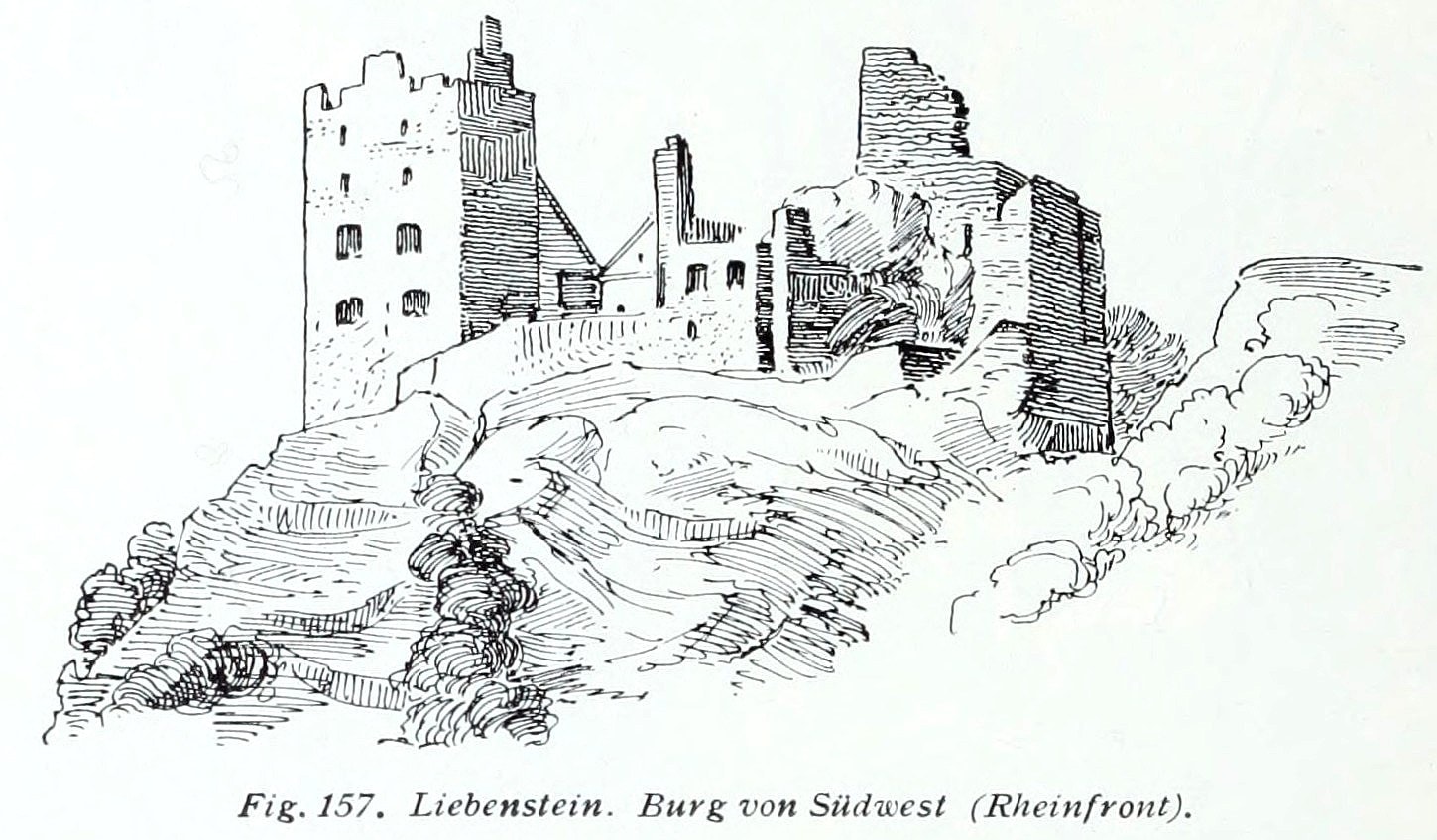 Liebenstein Castle 5 Ferdinand Luthmer's 1907 drawing of Liebenstein Castle from the south-west, the Rhine front