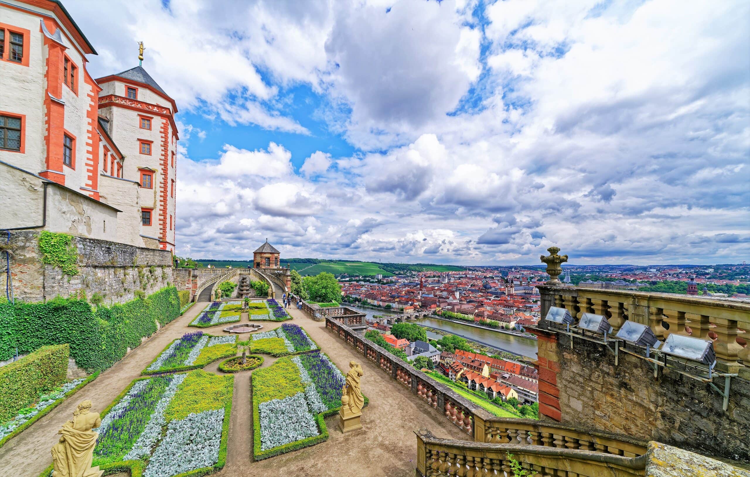 Marienberg Fortress 8 The Fürstengarten of Marienberg Fortress, a baroque parterre on a terrace over Würzburg, with garden pavilion, balustrade, and panoramic city view