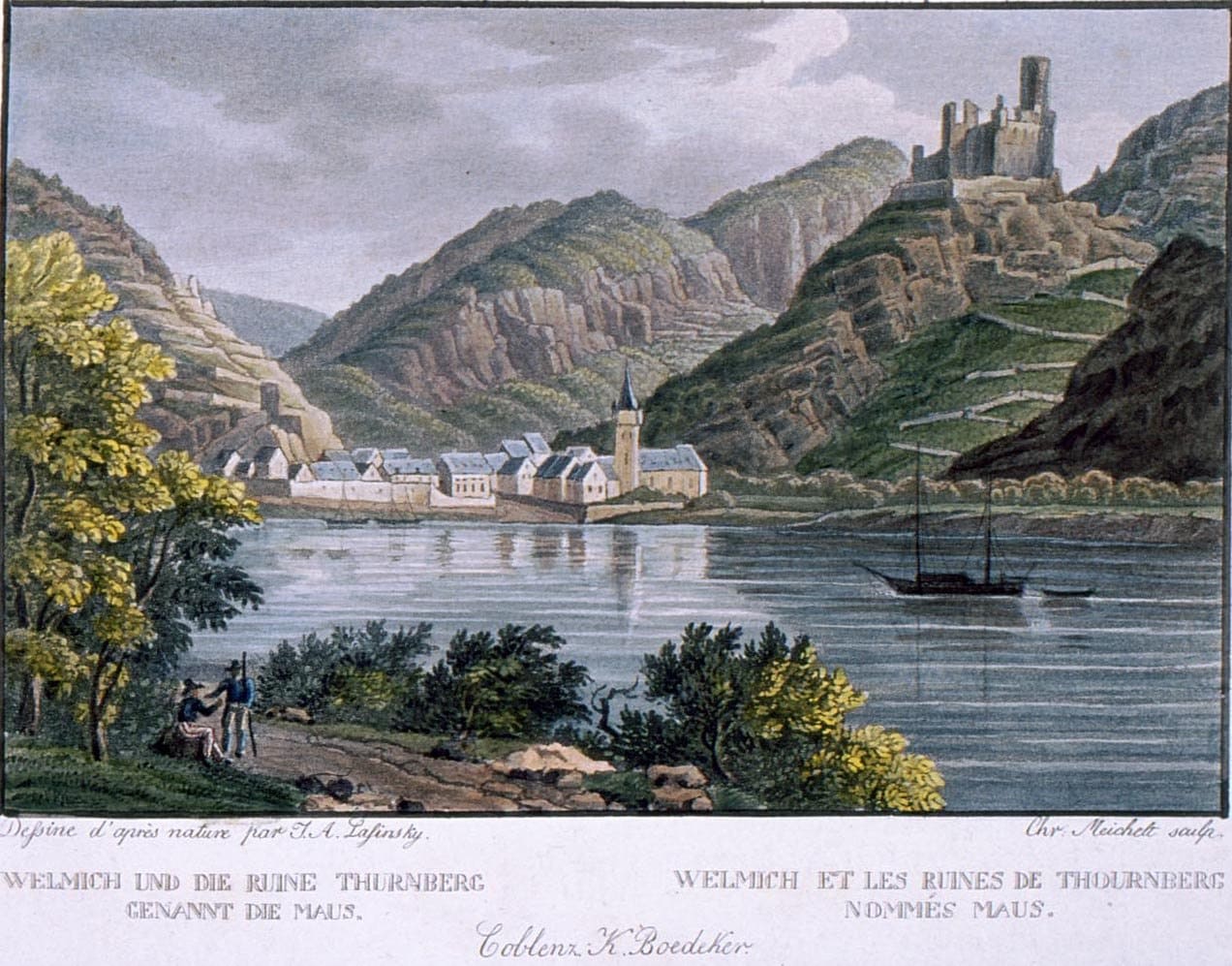 Hand-coloured 19th-century aquatint of Wellmich and the ruined castle of Thurnberg, called die Maus, above the Rhine, with a sailing boat on the river