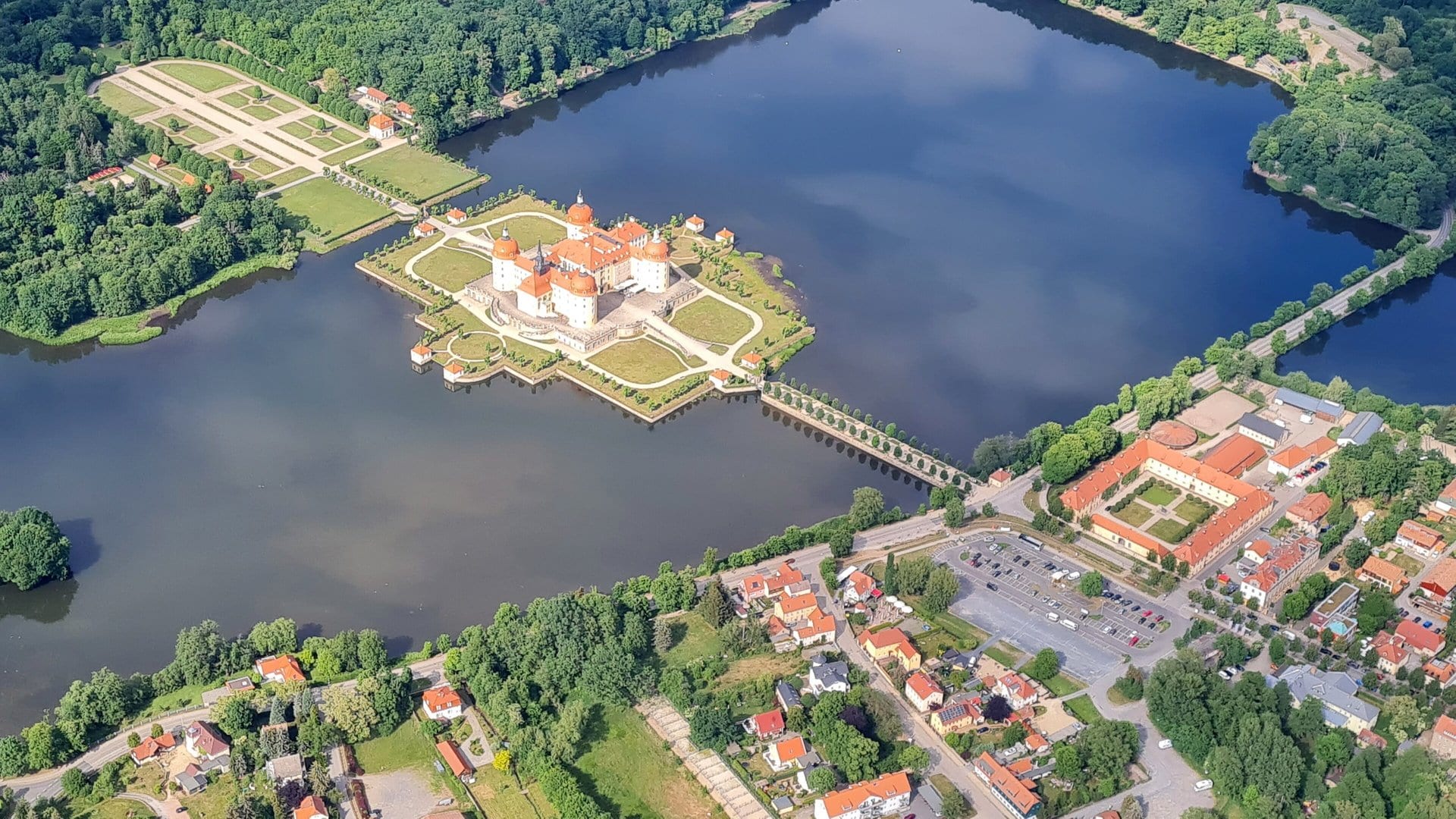 Moritzburg Castle 7 Aerial view of Moritzburg Castle and its formal Baroque garden parterre, with the castle on an island connected by a causeway