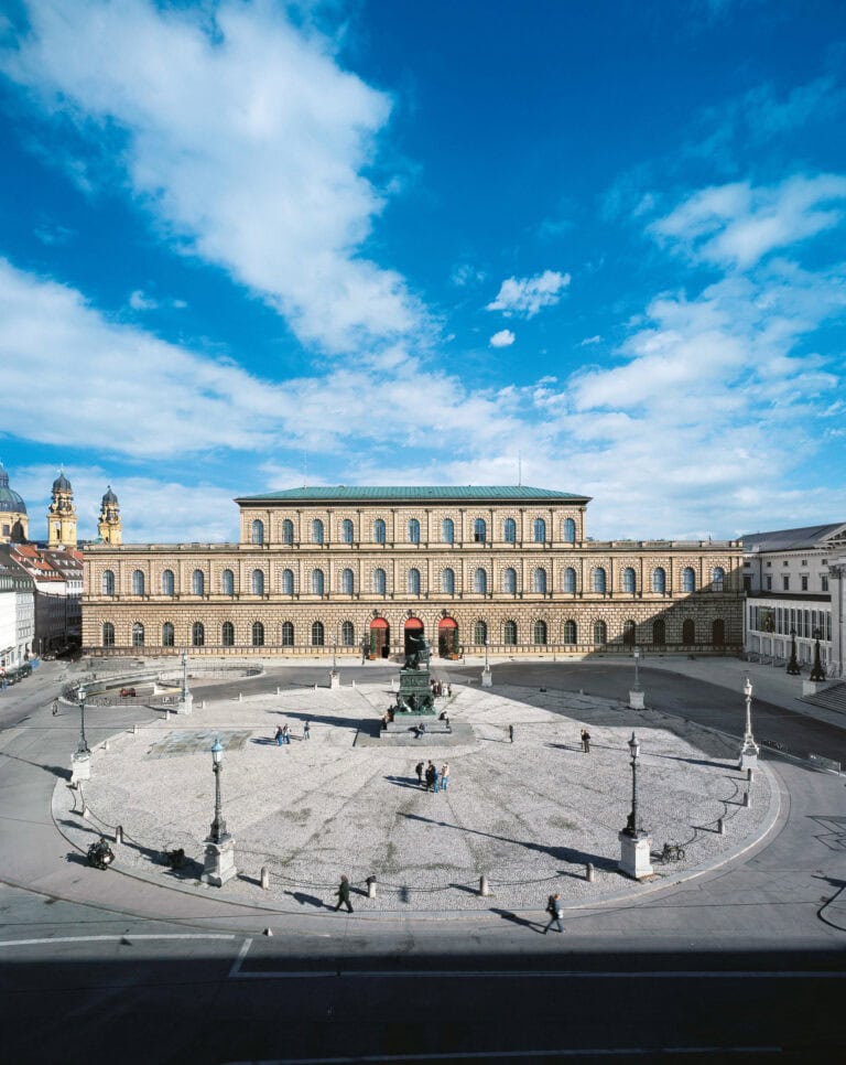 Königsbau façade of Munich Residenz in greenish sandstone facing Max-Joseph-Platz with the equestrian statue of Maximilian I Joseph