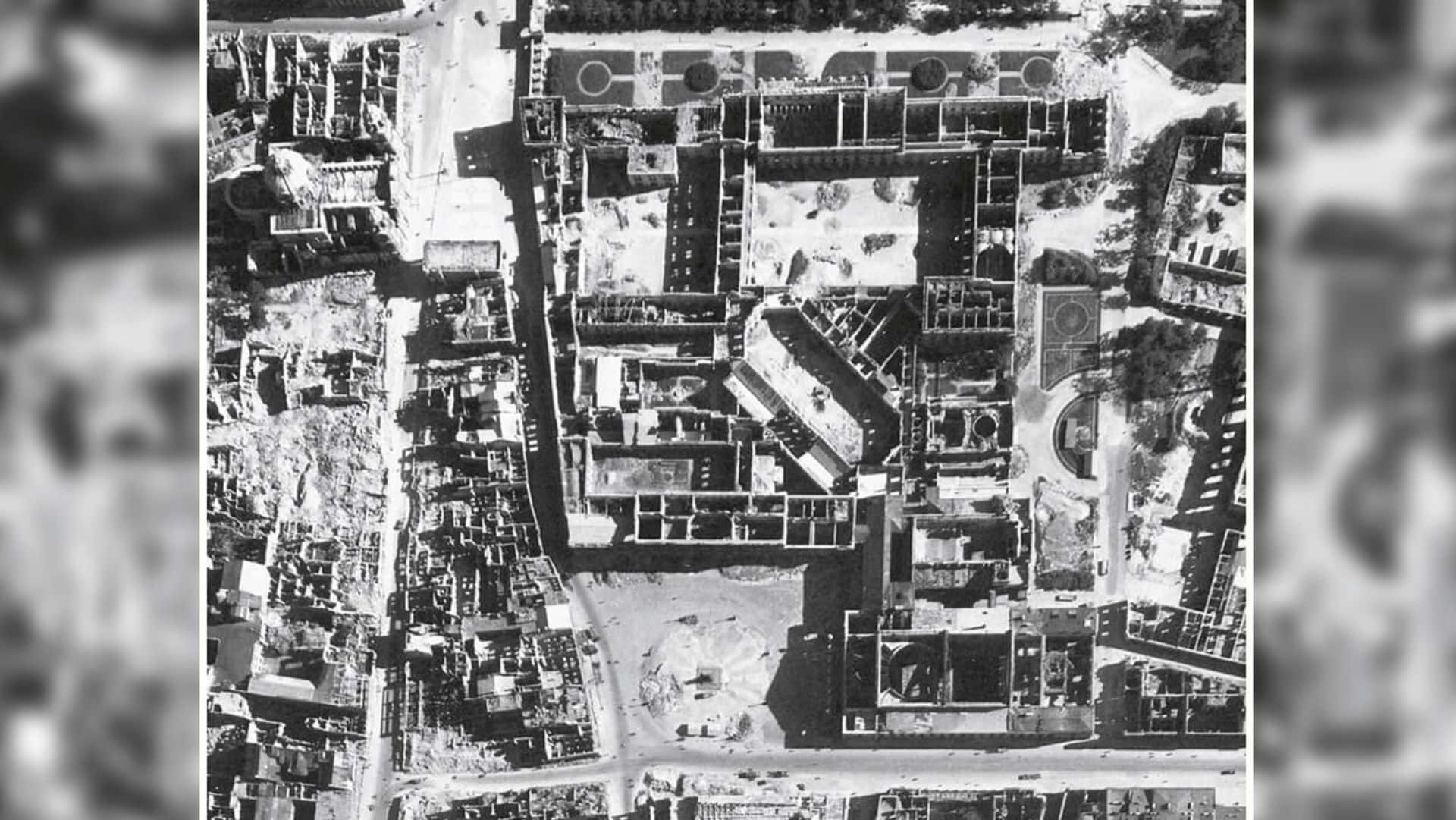 Aerial photograph of Munich Residenz in 1945 showing the roofless bombed-out palace shell after the 1944 air raids