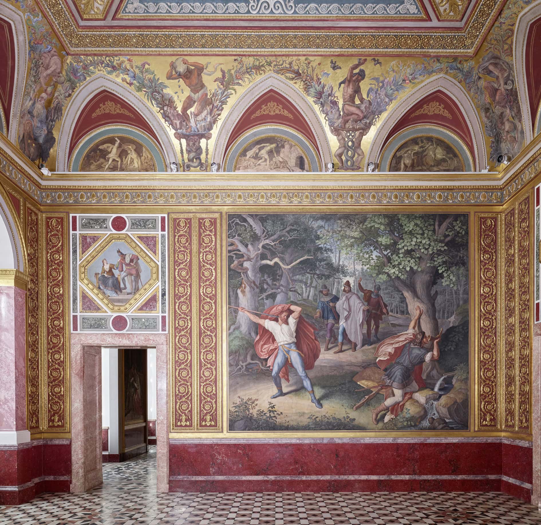 Nibelungensäle in the Königsbau of Munich Residenz with Julius Schnorr von Carolsfeld frescoes on red-marble dado walls