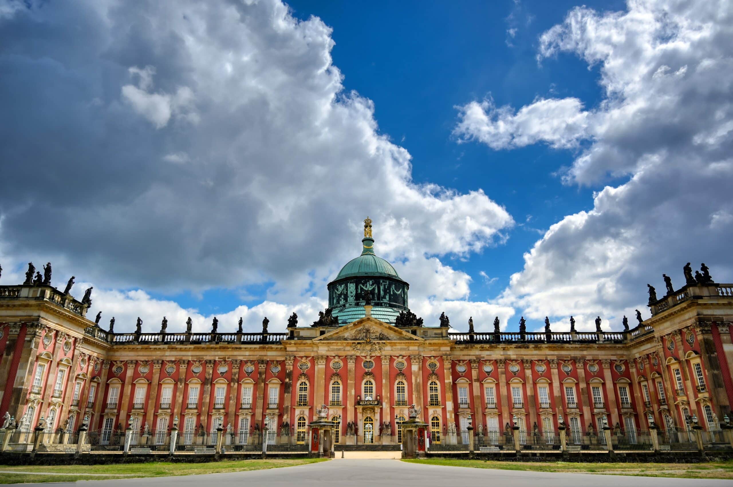 The Neues Palais in Potsdam, the vast Baroque palace Frederick the Great built at the western end of Sanssouci Park, beneath its crowned central dome