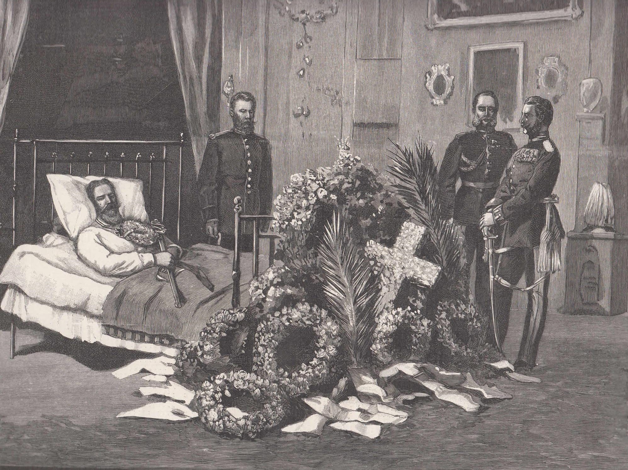 Engraving of Kaiser Friedrich III lying in state at the Neues Palais, then renamed Schloss Friedrichskron, in 1888
