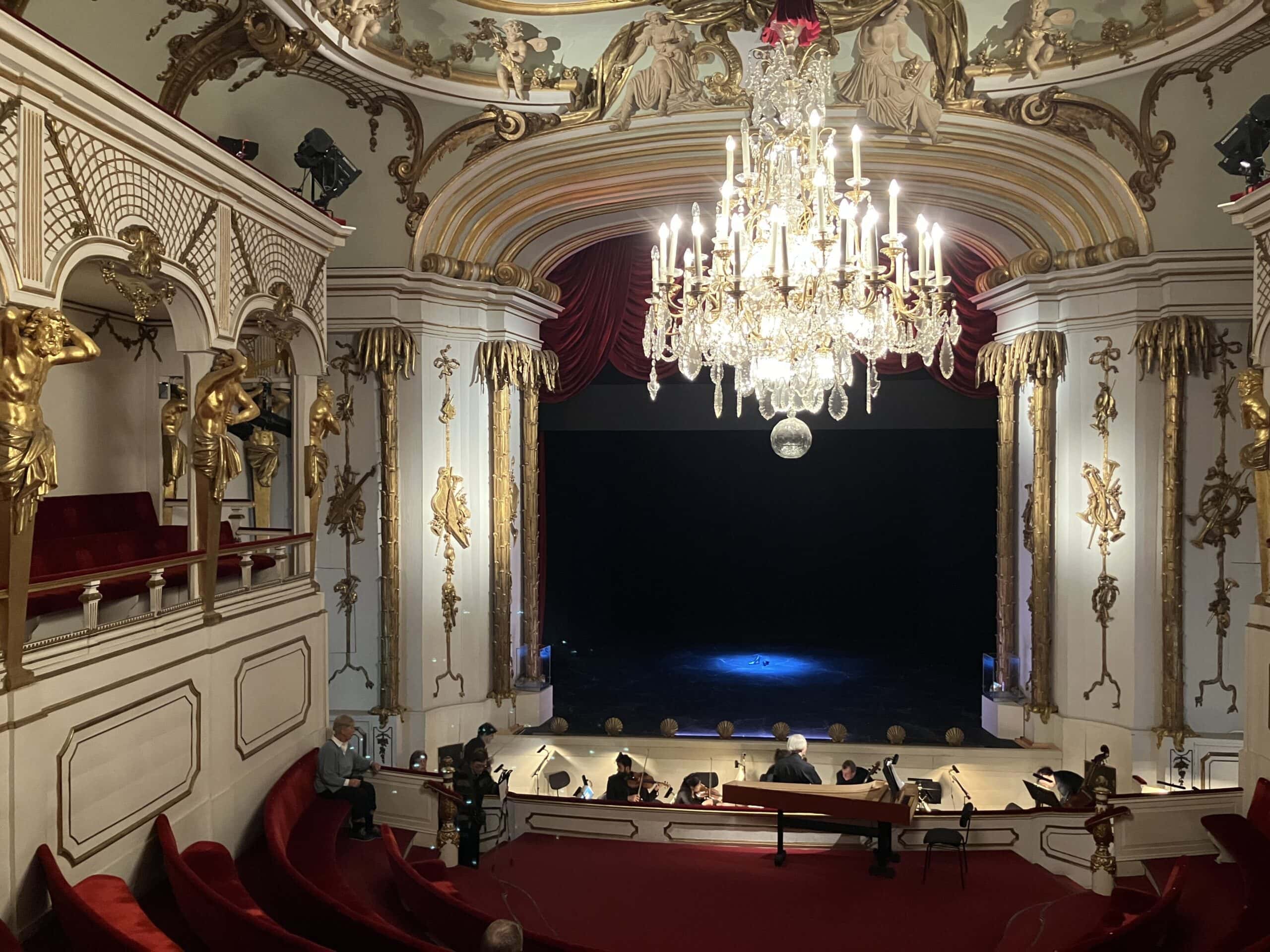 The Rococo Schlosstheater inside the Neues Palais, with gilded palm-column proscenium and tiered red seating