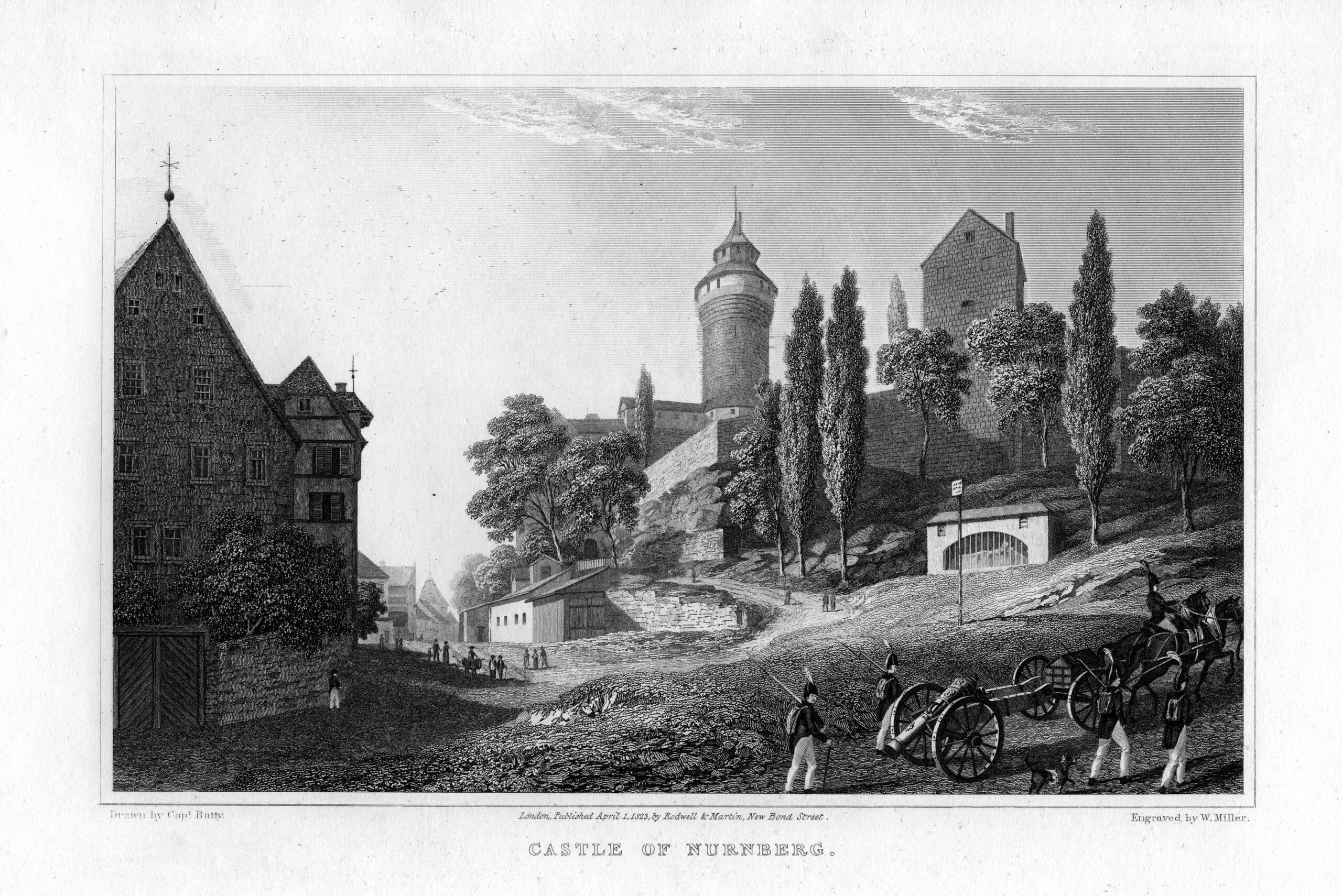 Nuremberg Castle 5 Black-and-white steel engraving titled Castle of Nurnberg, drawn by Captain Robert Batty and engraved by William Miller, published in London on 1 April 1823 by Rodwell and Martin, showing the Sinwellturm, Heidenturm and the western approach to the castle with soldiers and a cannon in the foreground.