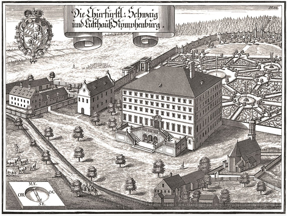 Nymphenburg Palace 2 1701 engraving of Nymphenburg Palace as the original Italian villa with court church and garden