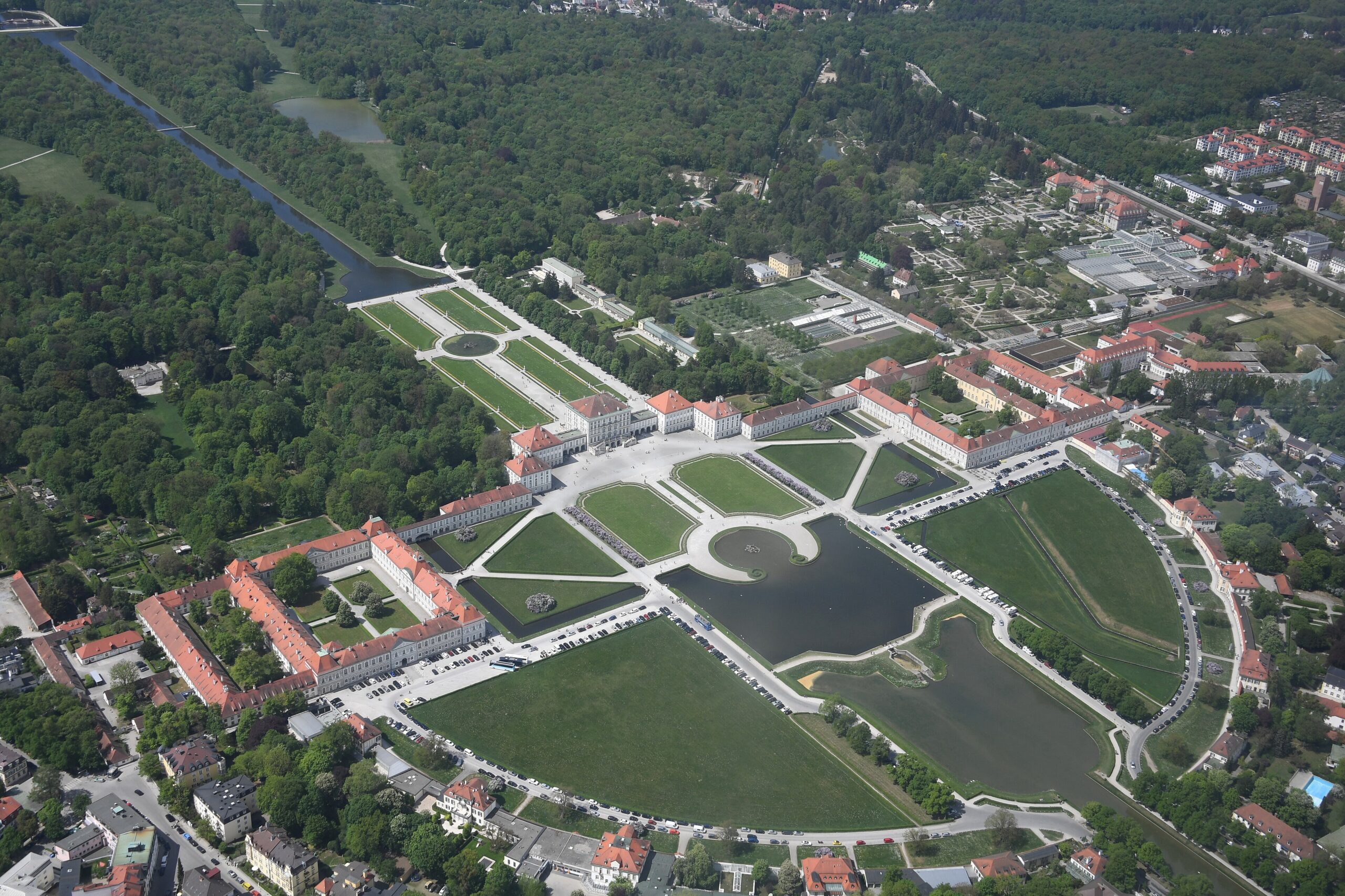 Nymphenburg Palace 3 Aerial view of Nymphenburg Palace showing the full palace front and the crescent of cavalier houses