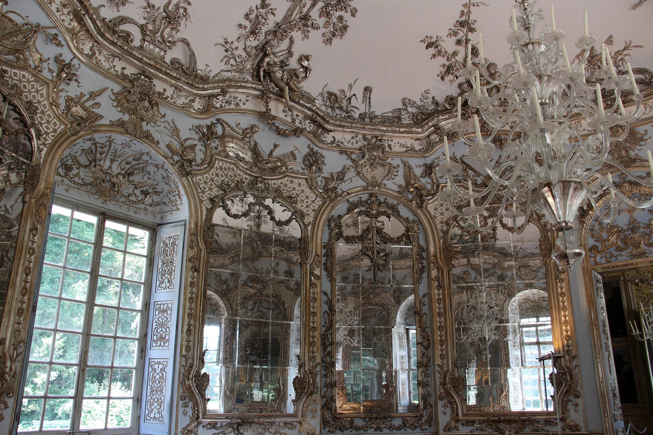Nymphenburg Palace 5 The Amalienburg Hall of Mirrors at Nymphenburg Palace, silver Rococo stucco on mirrored walls