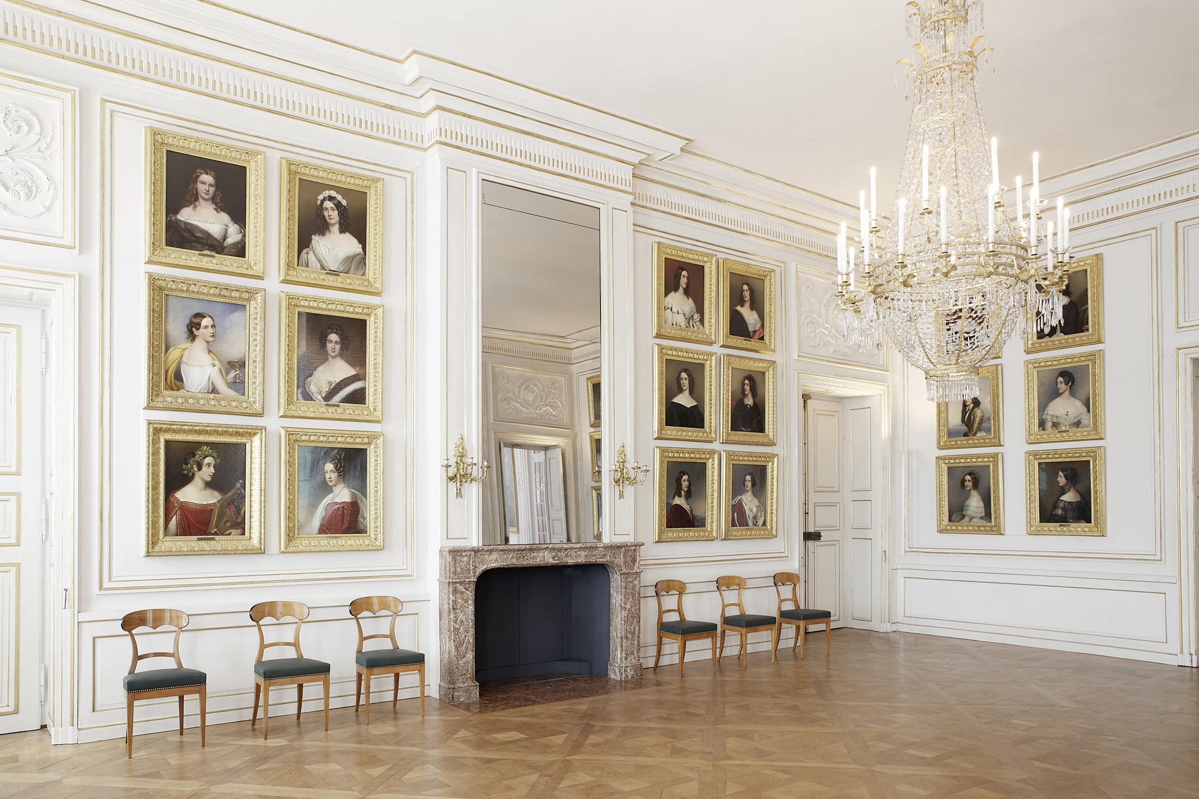 Nymphenburg Palace 7 The Gallery of Beauties room at Nymphenburg Palace with Stieler portraits in gilded frames