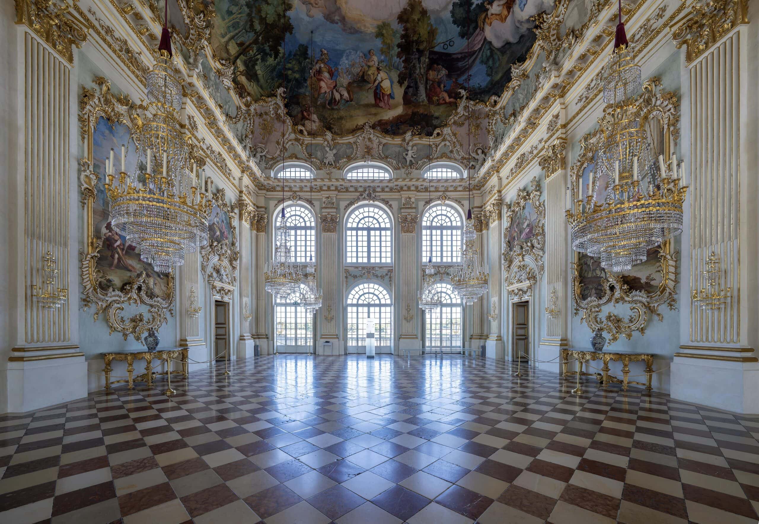 Nymphenburg Palace 4 The Steinerner Saal stone hall interior at Nymphenburg Palace with Rococo ceiling fresco
