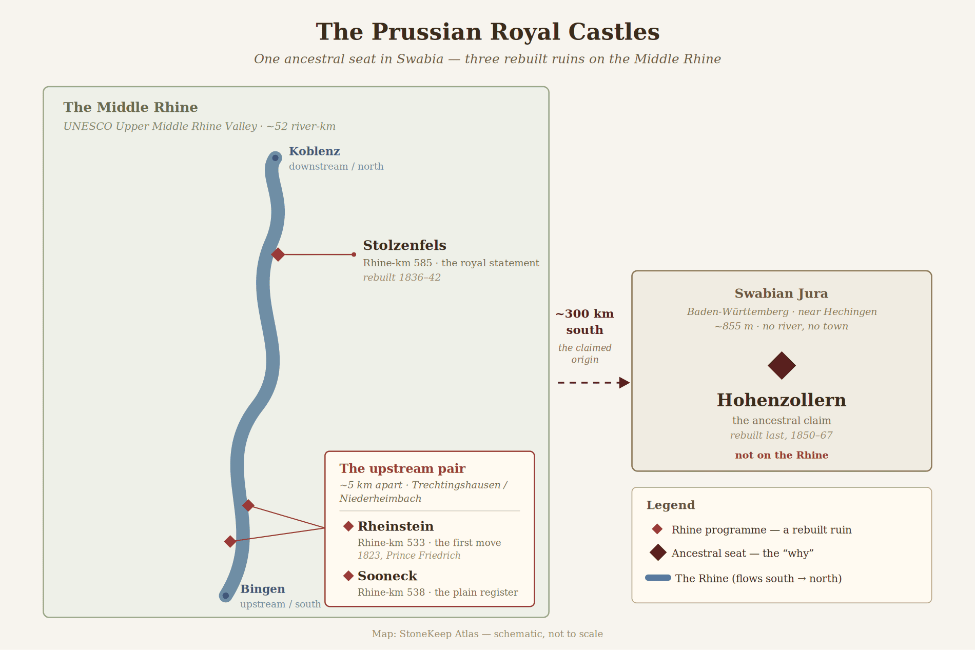 The Prussian Royal Castles 2 Schematic map showing Rheinstein, Sooneck and Stolzenfels clustered on the Middle Rhine and Hohenzollern far to the south in the Swabian Jura