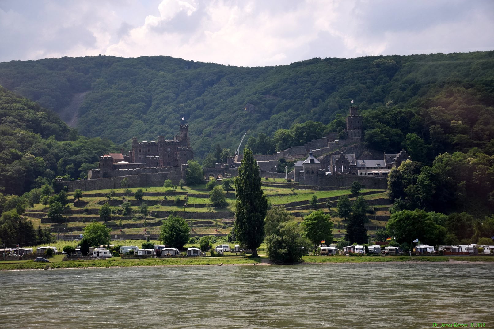 Reichenstein Castle 3 Tight three-quarter view of Reichenstein Castle from across the Rhine, with the late-historicist three-story main building, the corner towers of the outer ring wall, and the Belvedere tower above on the wooded slope.