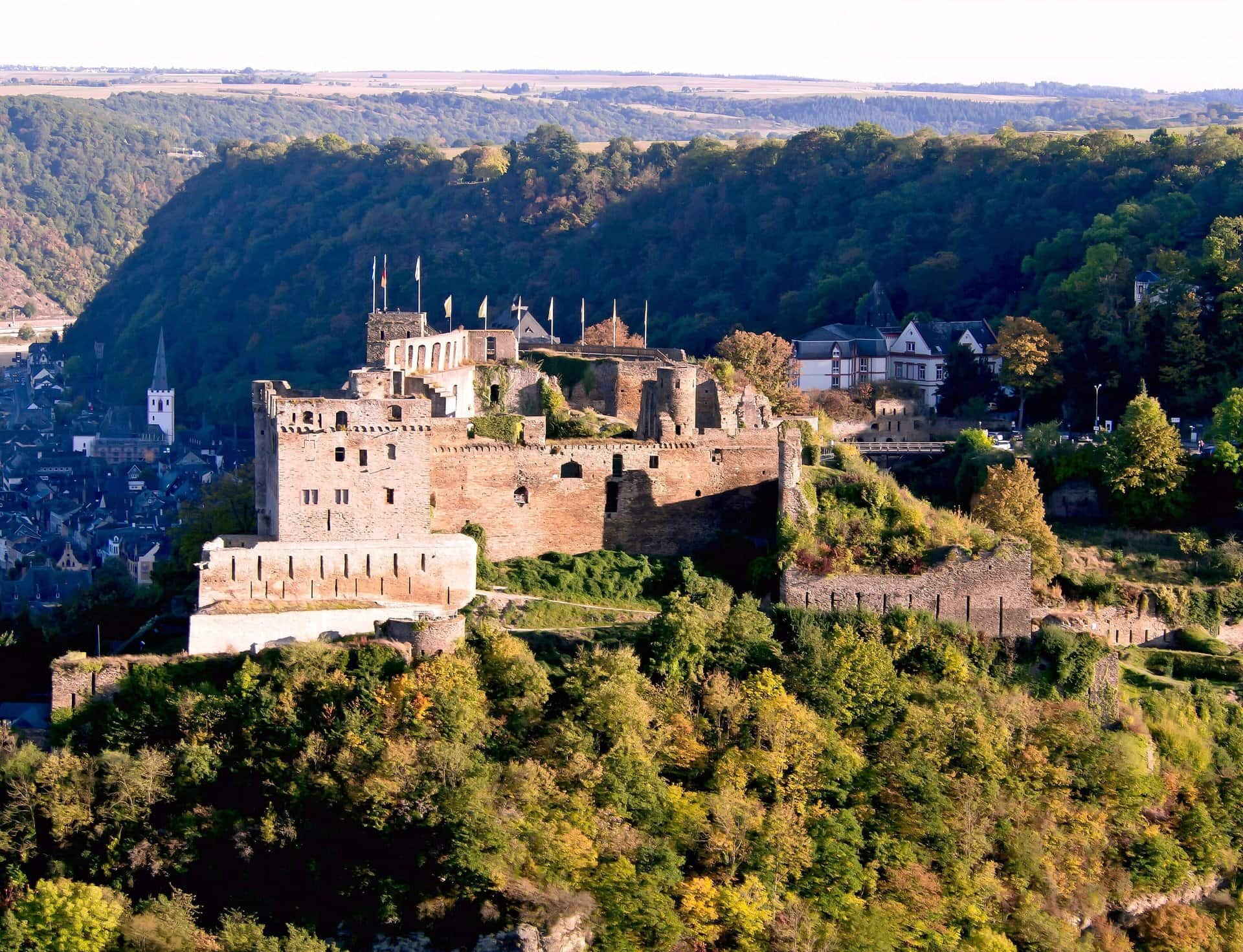 Rheinfels Castle 2 Ruins of Burg Rheinfels above the Rhine at St. Goar in evening light, showing the surviving walls and bastioned outworks